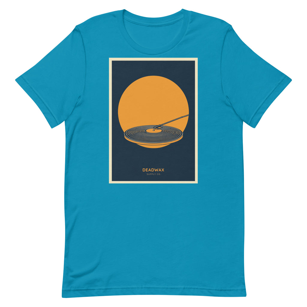 Deadwax Tonearm Tee in aqua – vinyl record collector t-shirt with tonearm and record logo