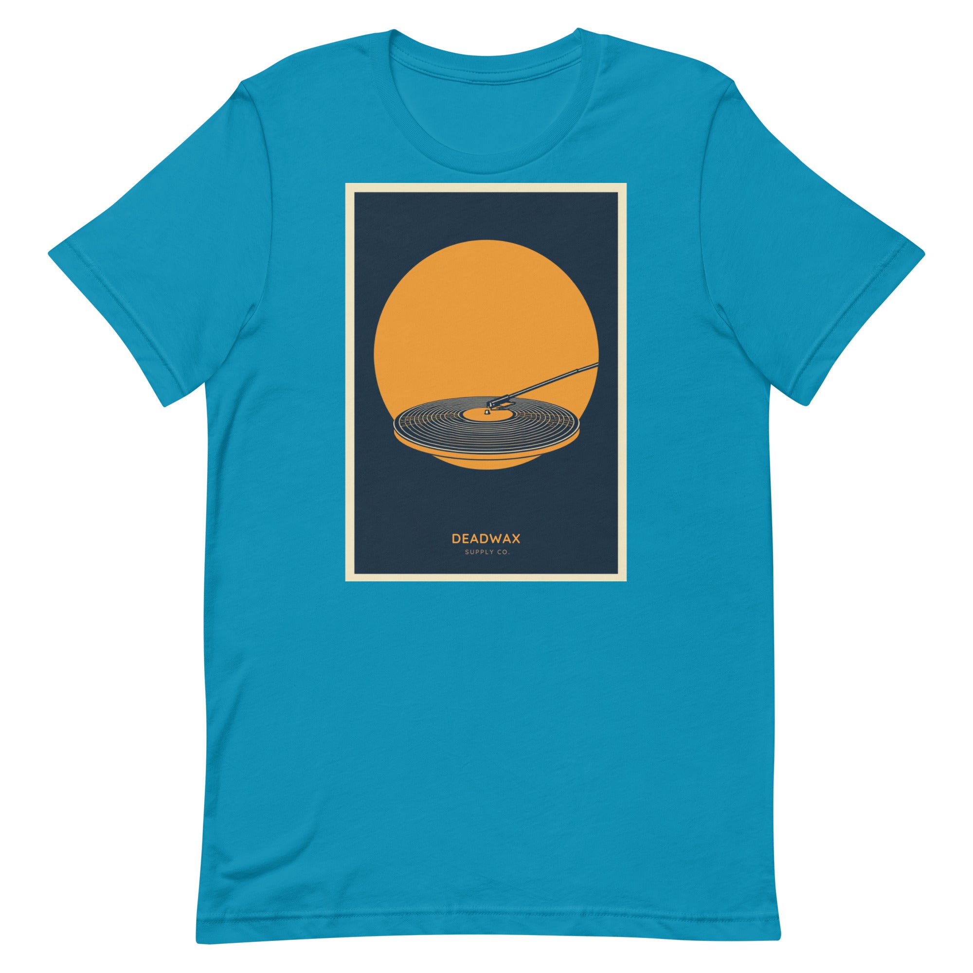 Deadwax Tonearm Tee in aqua – vinyl record collector t-shirt with tonearm and record logo