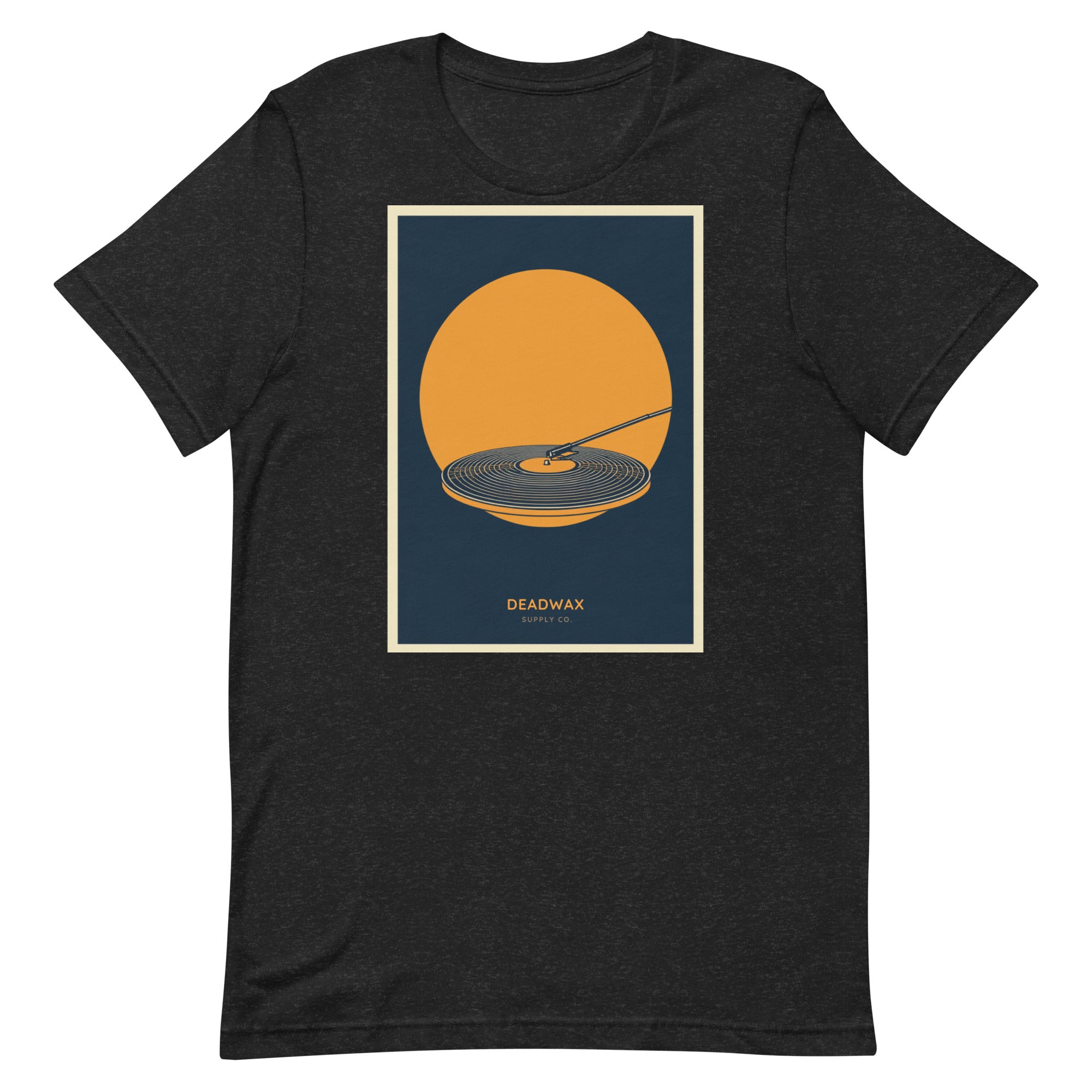 Deadwax Tonearm Tee in faded black – vinyl record collector t-shirt with tonearm and record logo