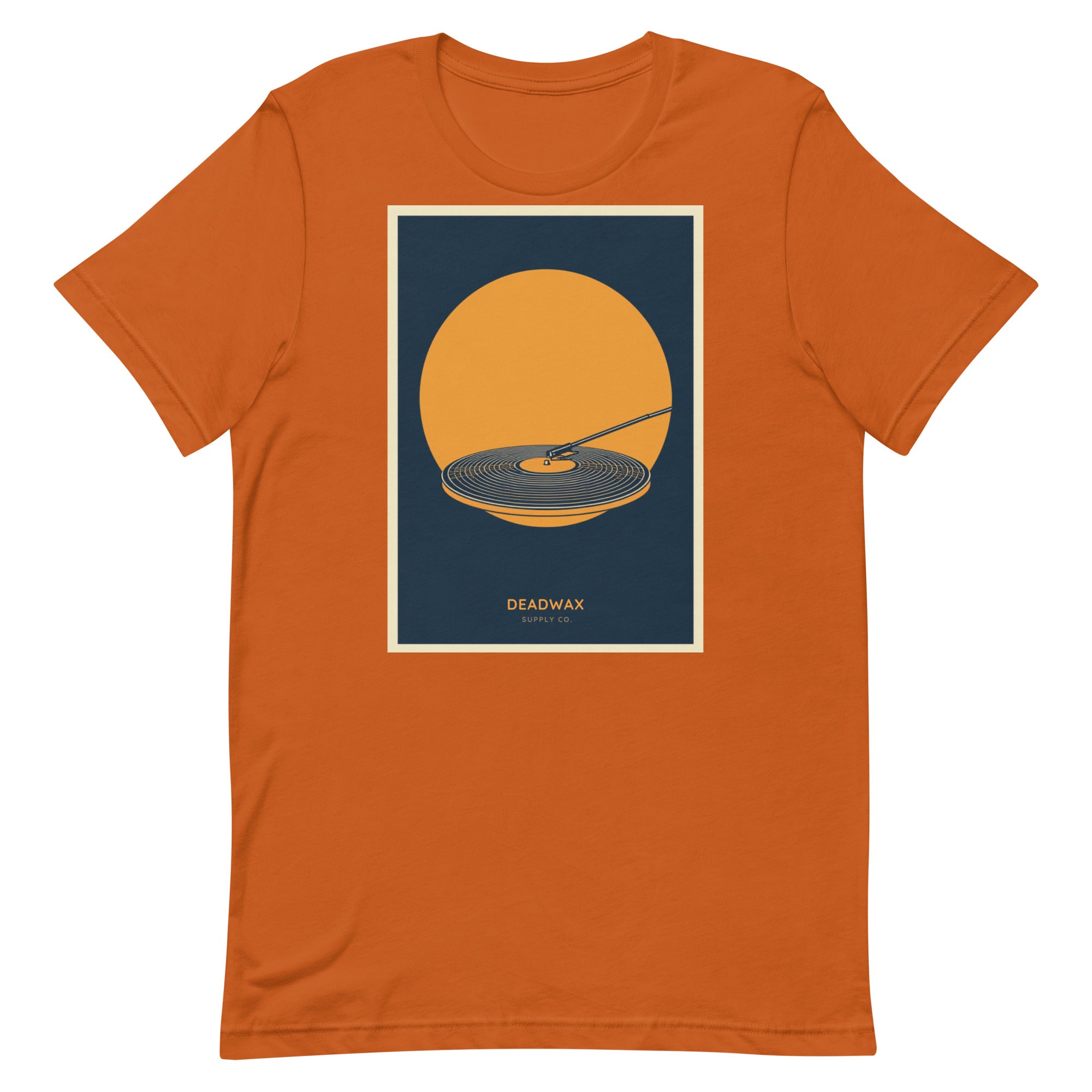 Deadwax Tonearm Tee in burnt orange – vinyl record collector t-shirt with tonearm and record logo