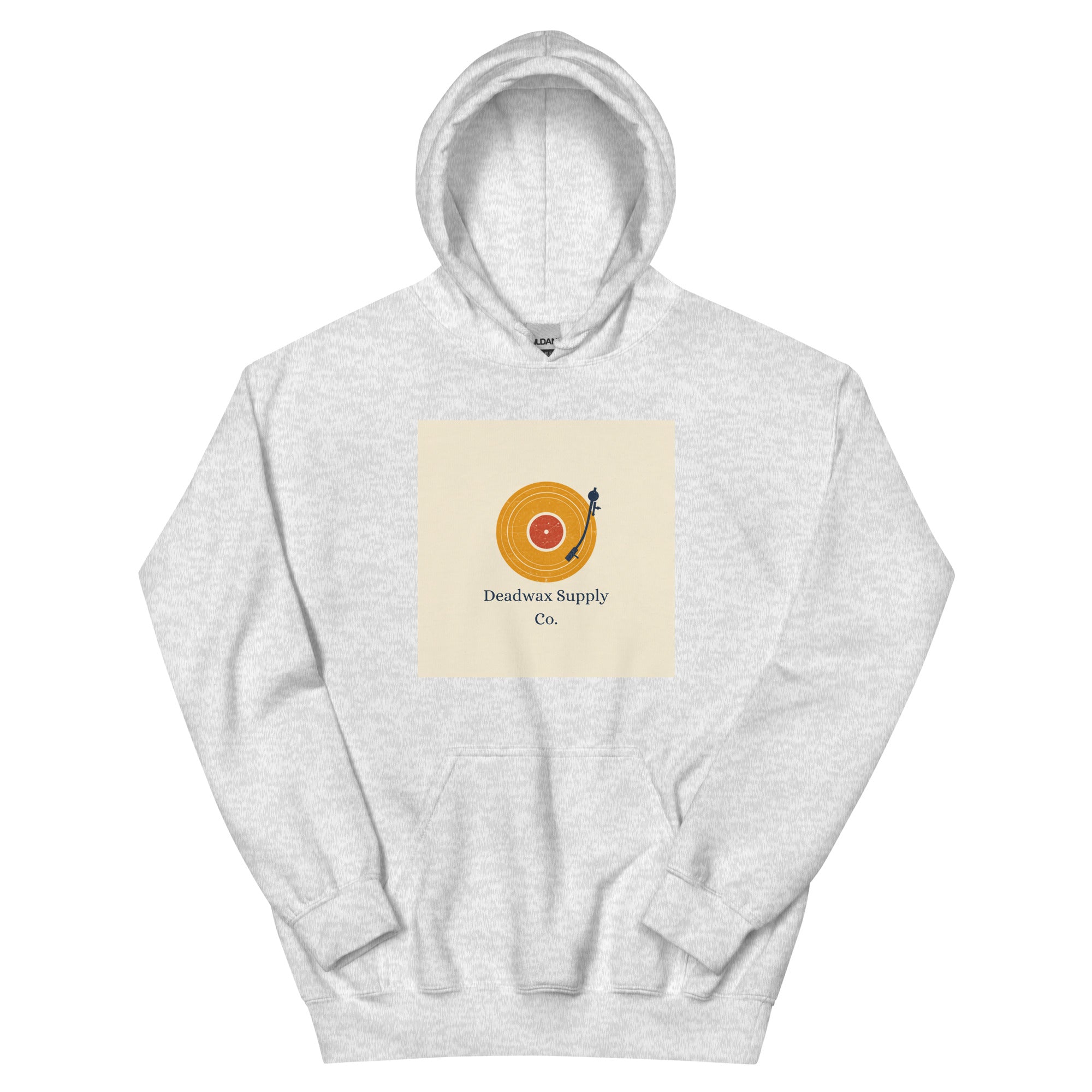 Deadwax Tonearm Hoodie in ash – vinyl record collector hoodie with tonearm and record logo