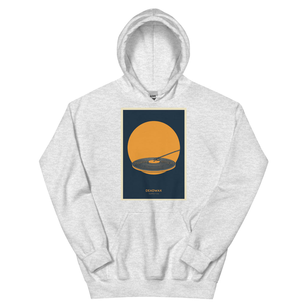 Deadwax Tonearm Hoodie in ash – vinyl record collector hoodie with tonearm and record logo