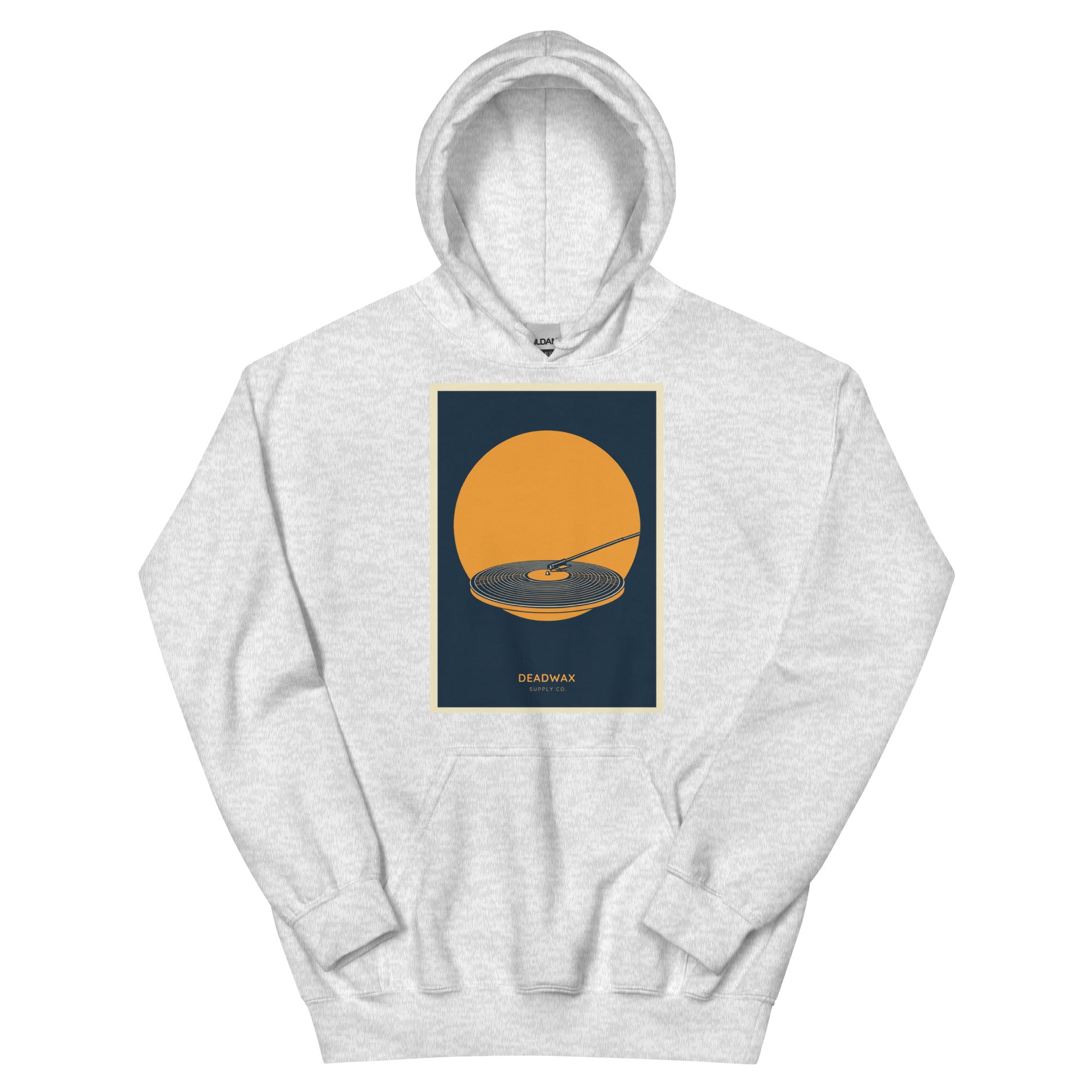 Deadwax Tonearm Hoodie in ash – vinyl record collector hoodie with tonearm and record logo
