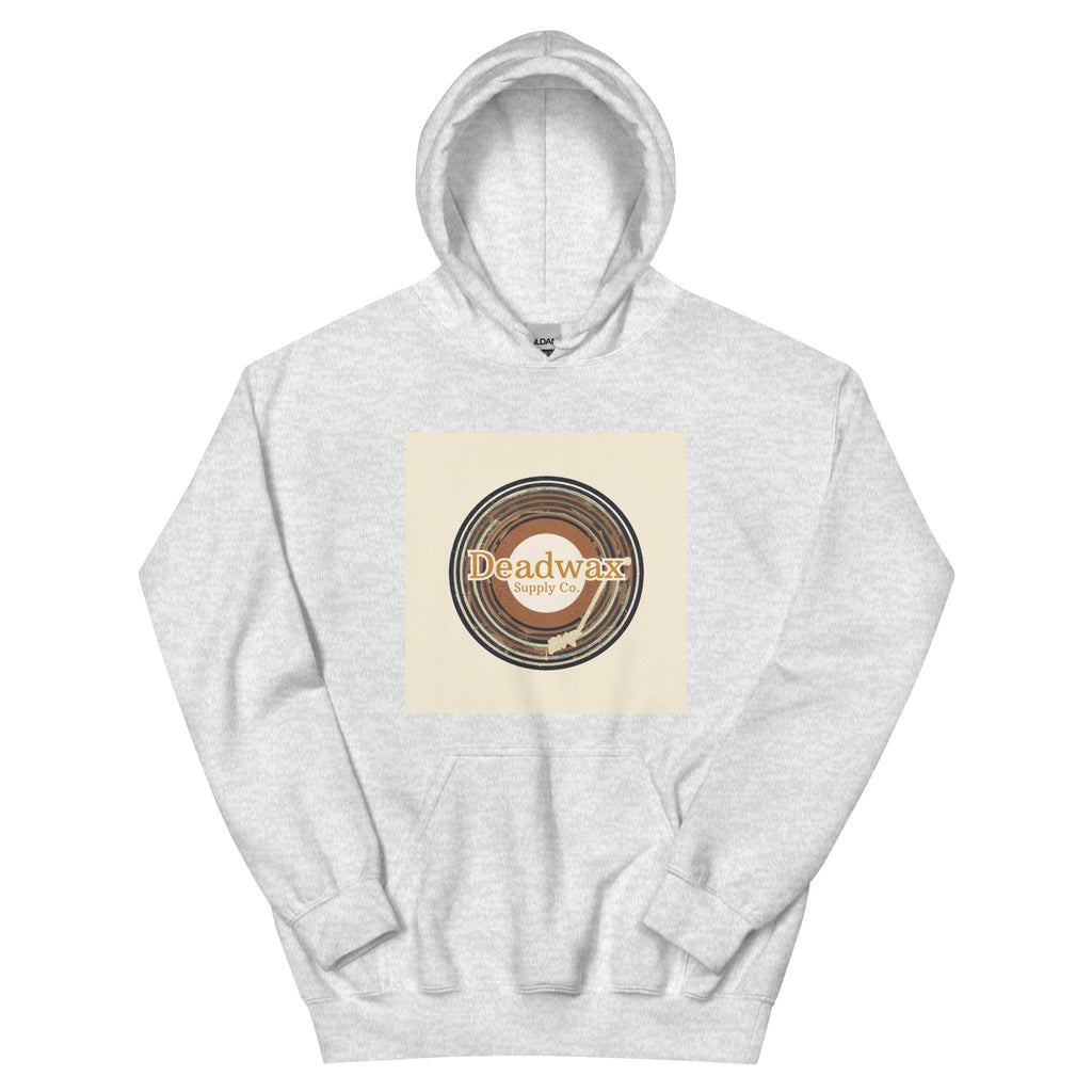 Deadwax Tonearm Hoodie in ash – vinyl record collector hoodie with tonearm and record logo