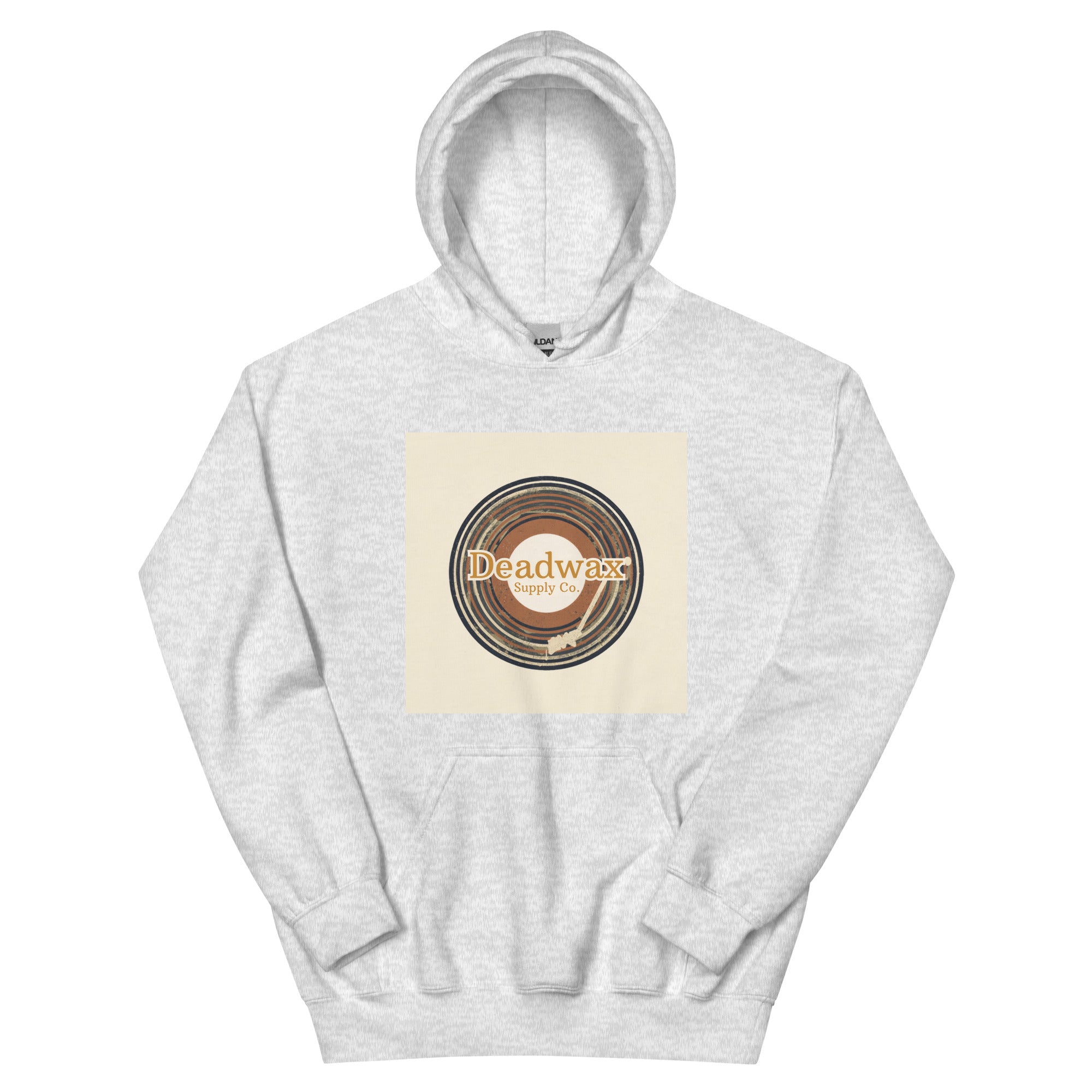 Deadwax Tonearm Hoodie in ash – vinyl record collector hoodie with tonearm and record logo
