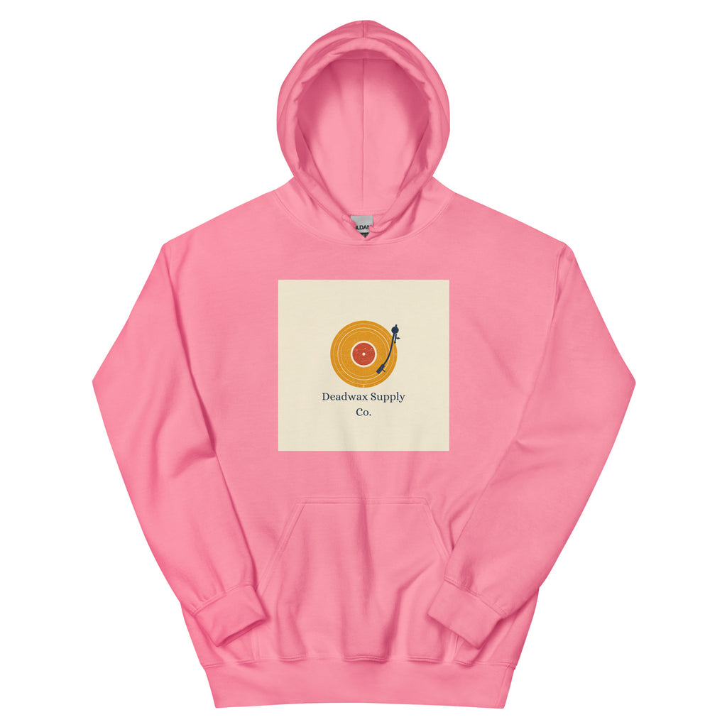 Deadwax Tonearm Hoodie in azalea – vinyl record collector hoodie with tonearm and record logo