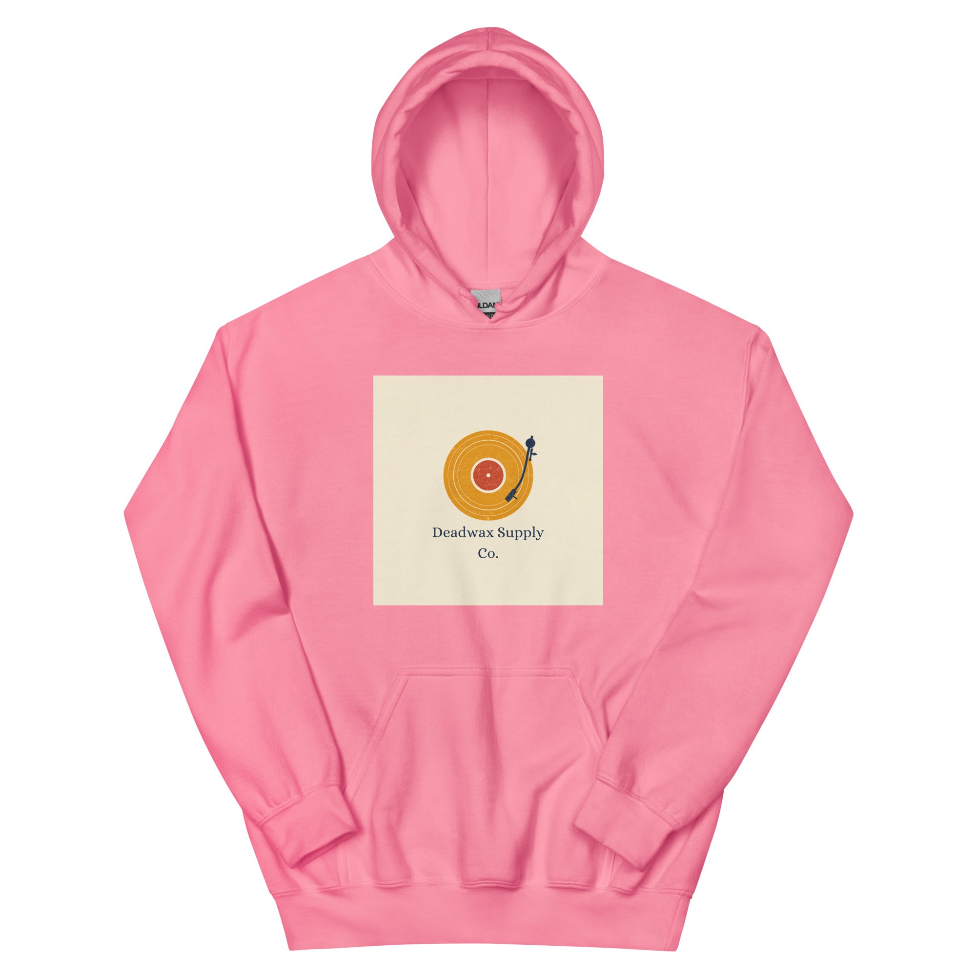 Deadwax Tonearm Hoodie in azalea – vinyl record collector hoodie with tonearm and record logo