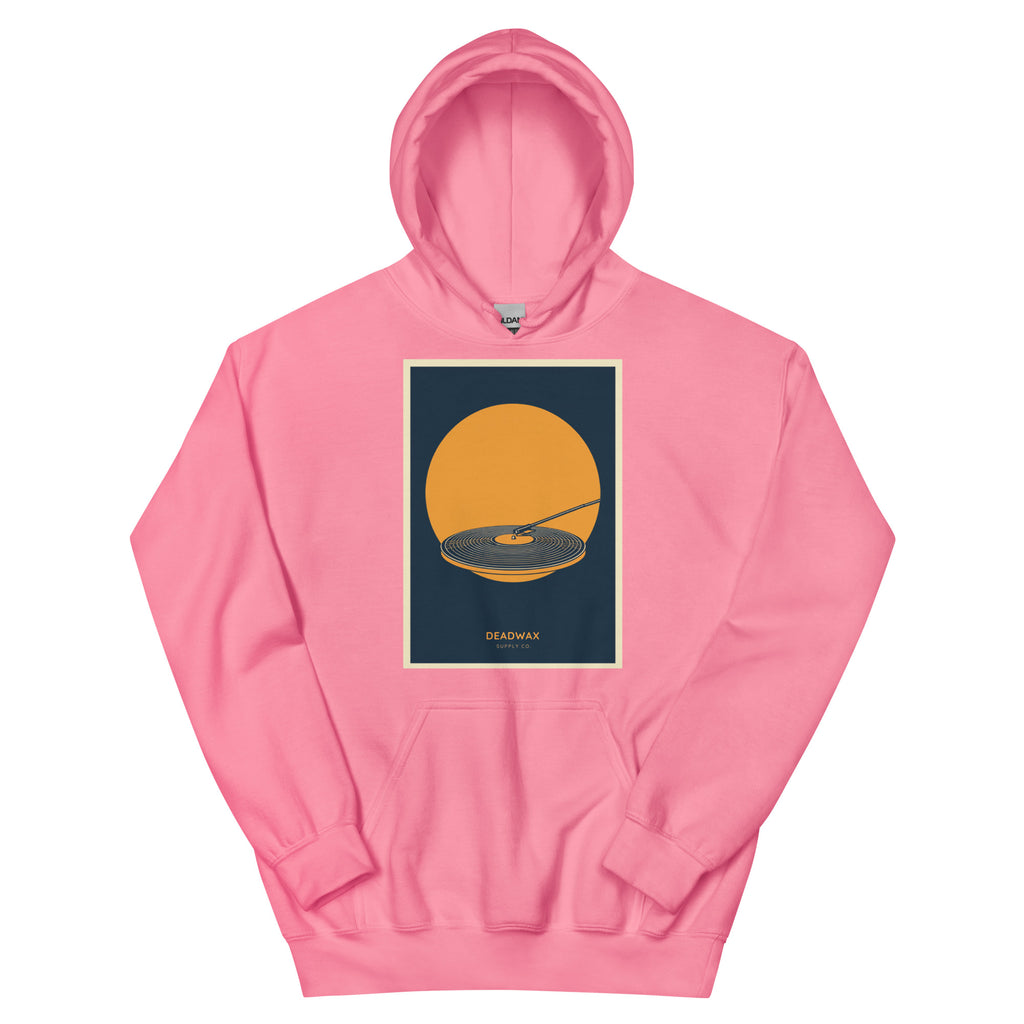 Deadwax Tonearm Hoodie in azalea – vinyl record collector hoodie with tonearm and record logo