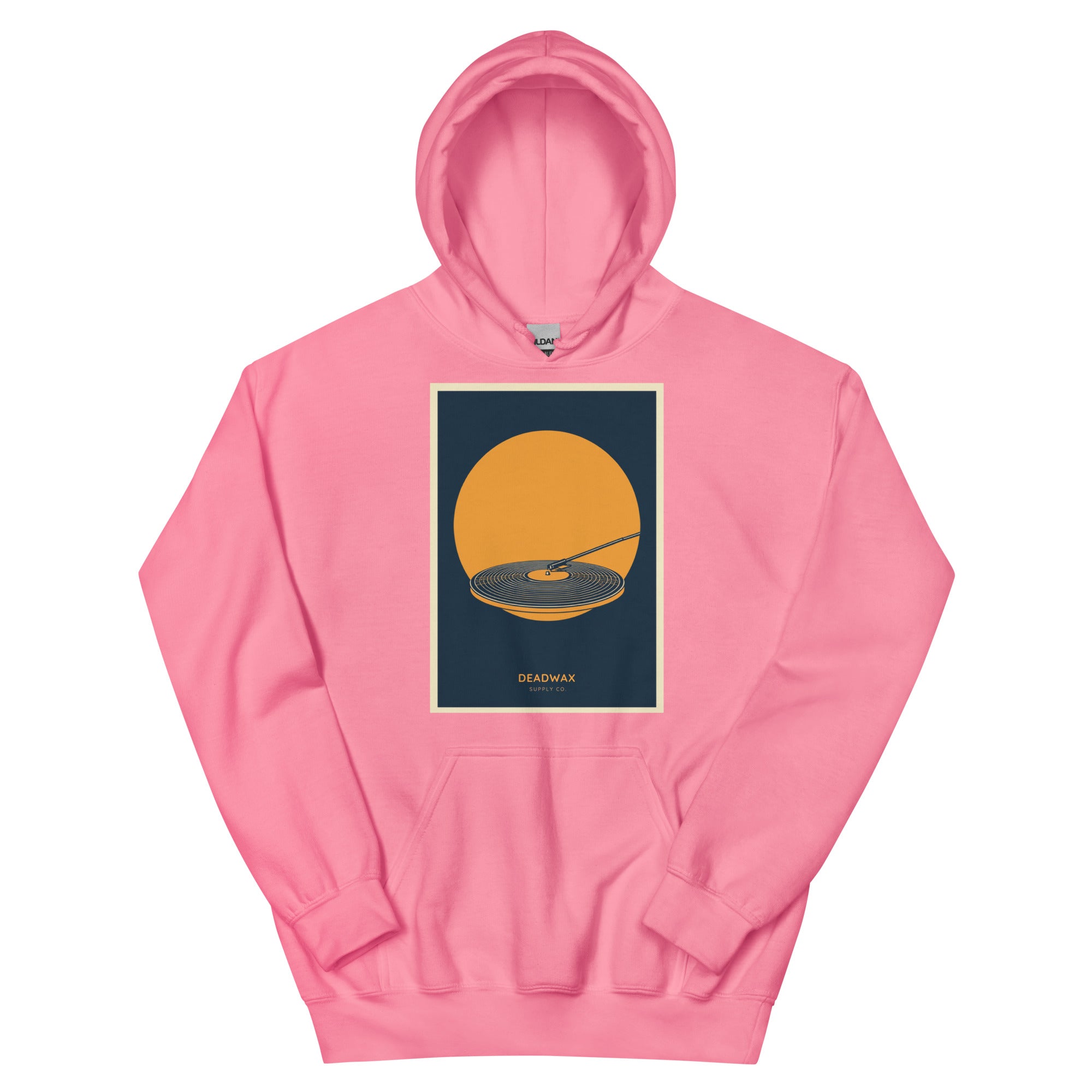 Deadwax Tonearm Hoodie in azalea – vinyl record collector hoodie with tonearm and record logo