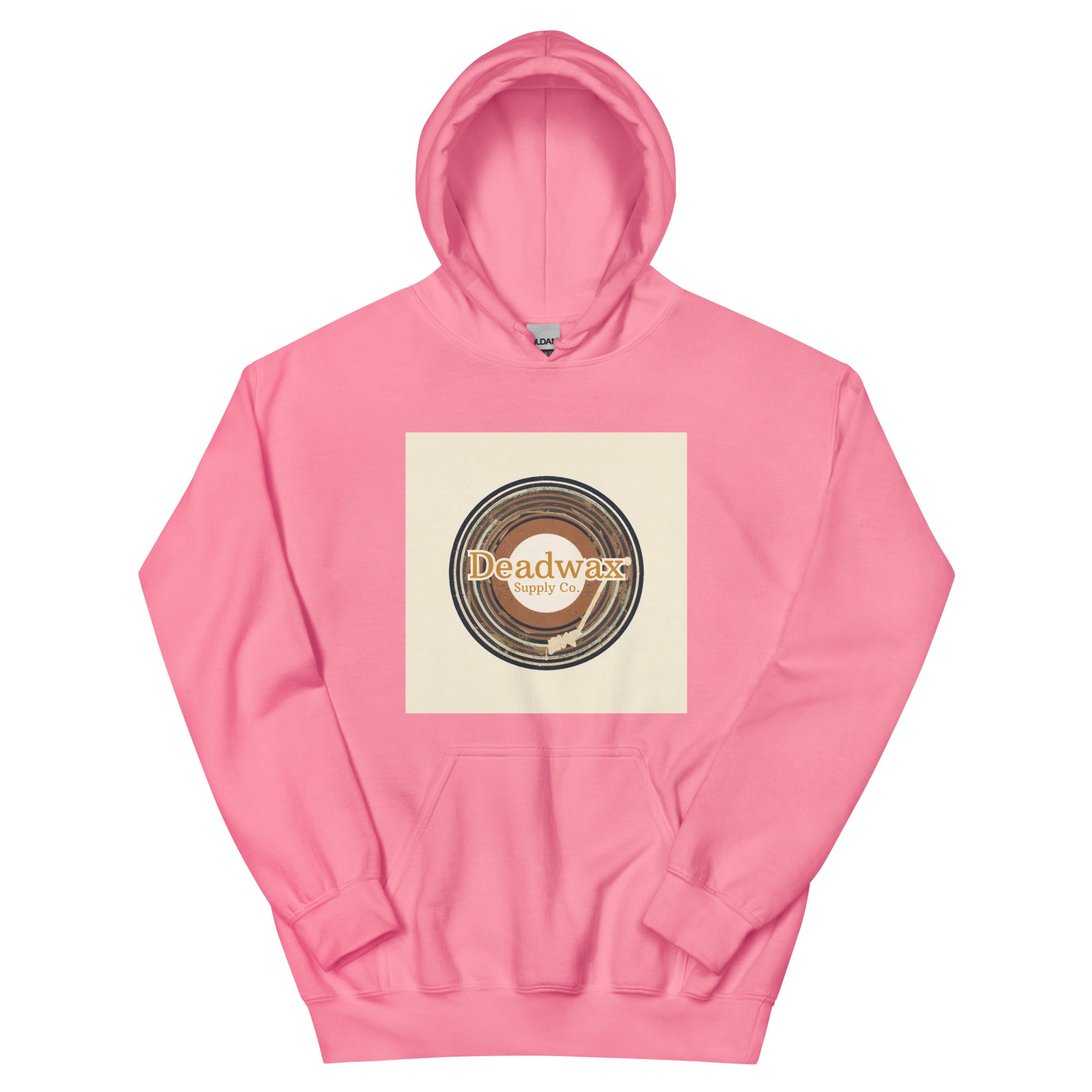 Deadwax Tonearm Hoodie in azalea – vinyl record collector hoodie with tonearm and record logo