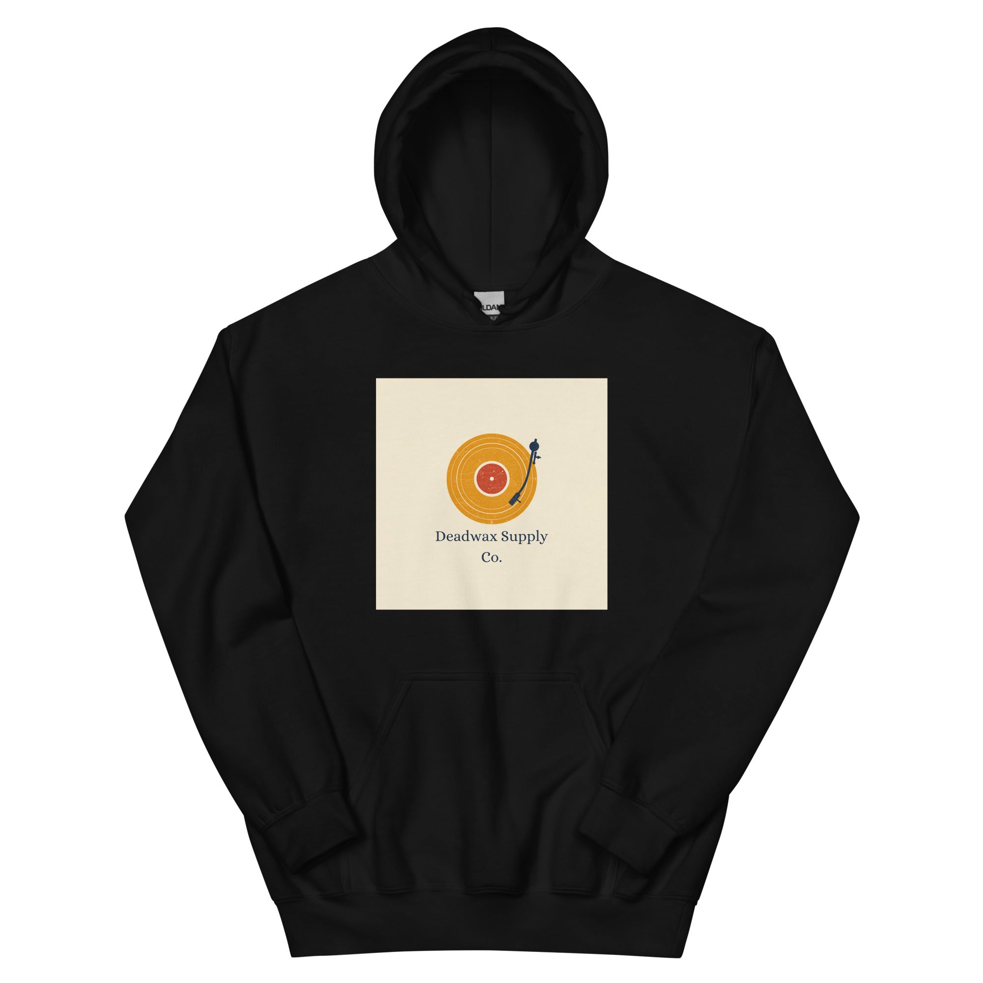 Deadwax Tonearm Hoodie in black – vinyl record collector hoodie with tonearm and record logo