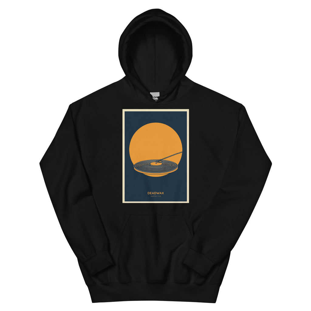 Deadwax Tonearm Hoodie in black – vinyl record collector hoodie with tonearm and record logo