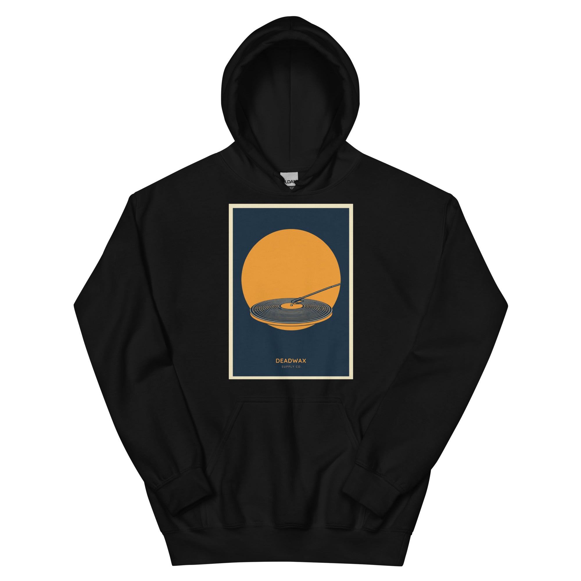 Deadwax Tonearm Hoodie in black – vinyl record collector hoodie with tonearm and record logo
