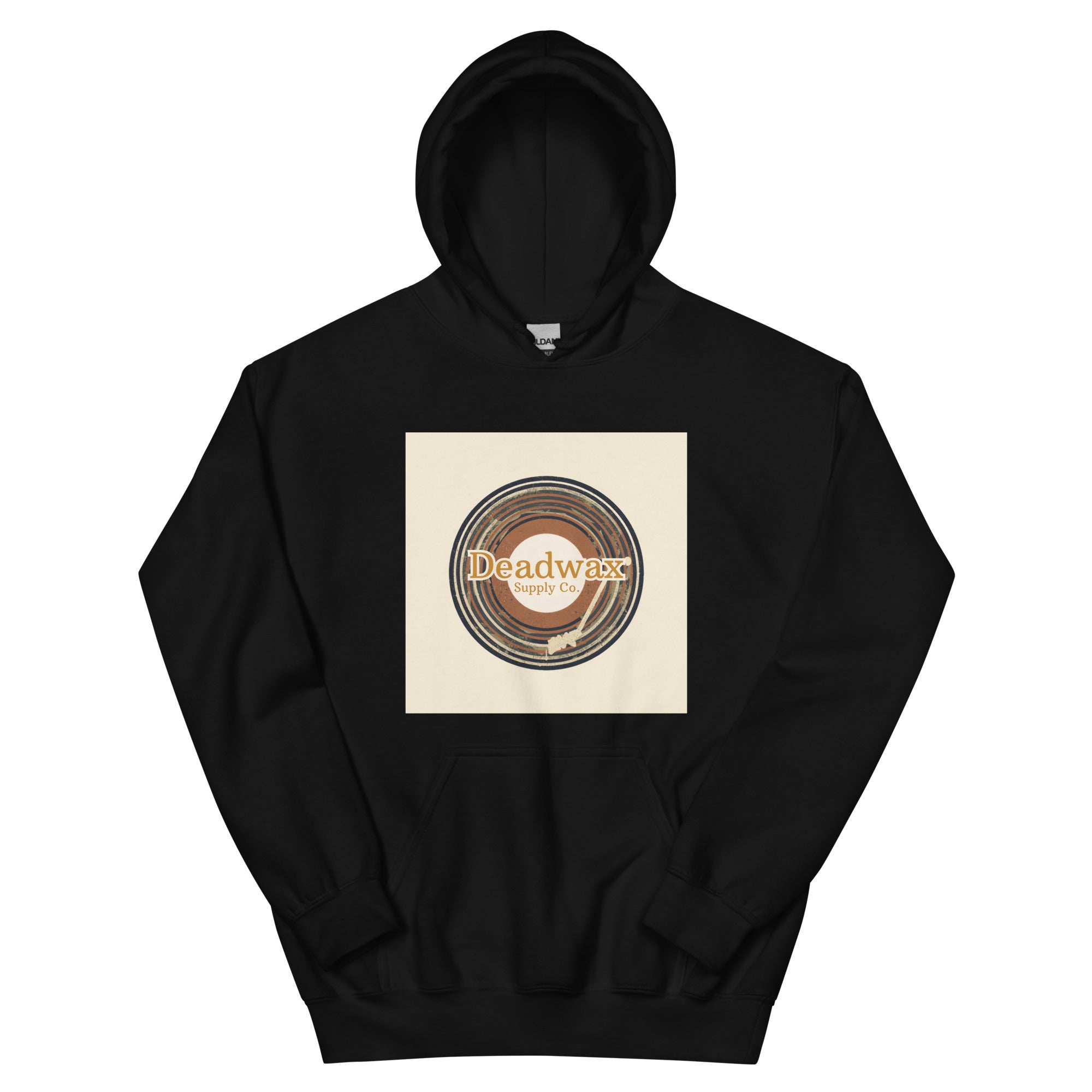 Deadwax Tonearm Hoodie in black – vinyl record collector hoodie with tonearm and record logo