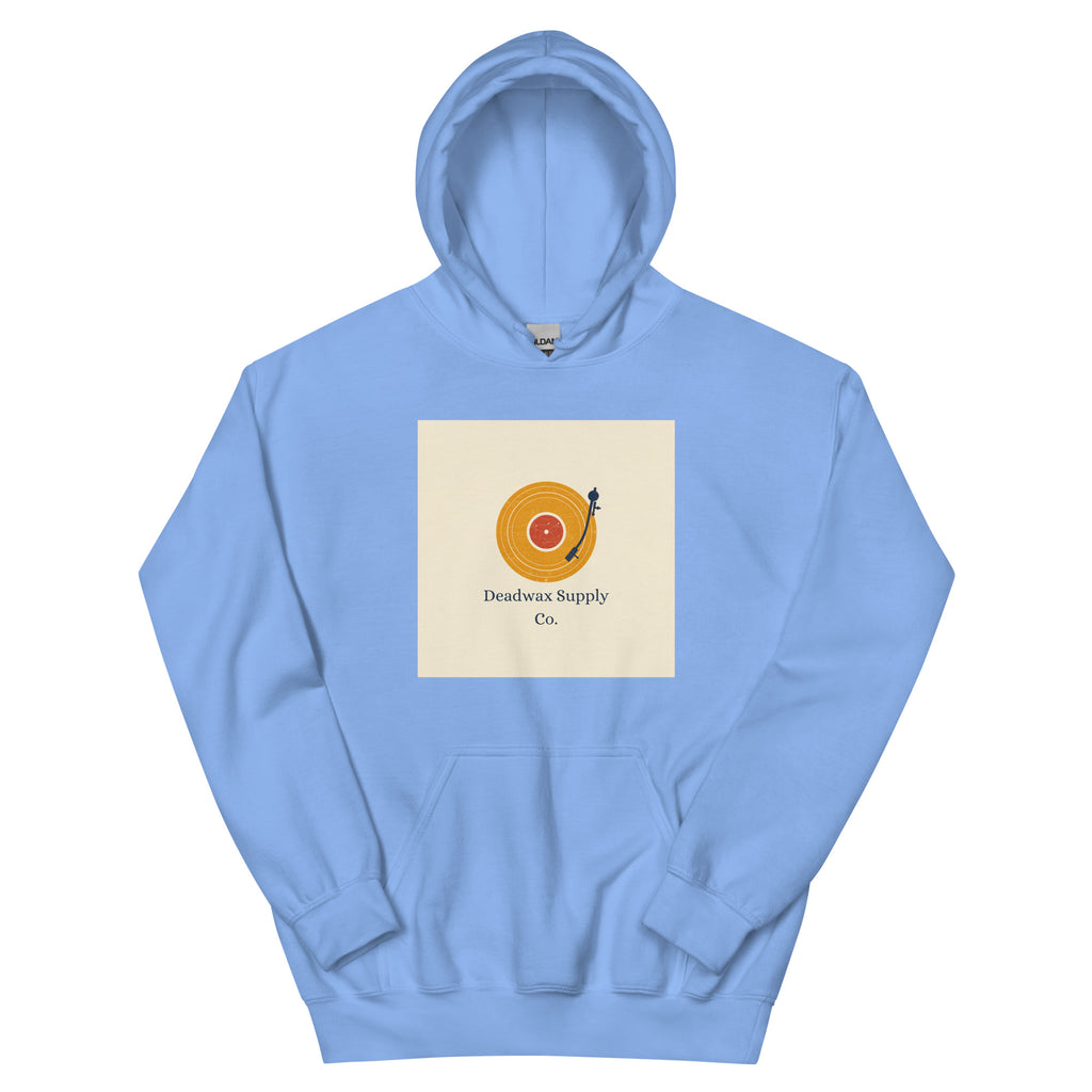 Deadwax Tonearm Hoodie in carolina blue – vinyl record collector hoodie with tonearm and record logo