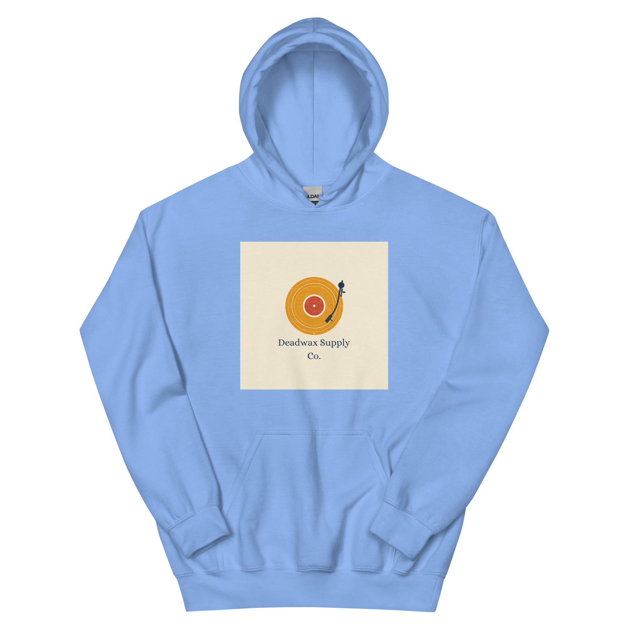Deadwax Tonearm Hoodie in carolina blue – vinyl record collector hoodie with tonearm and record logo