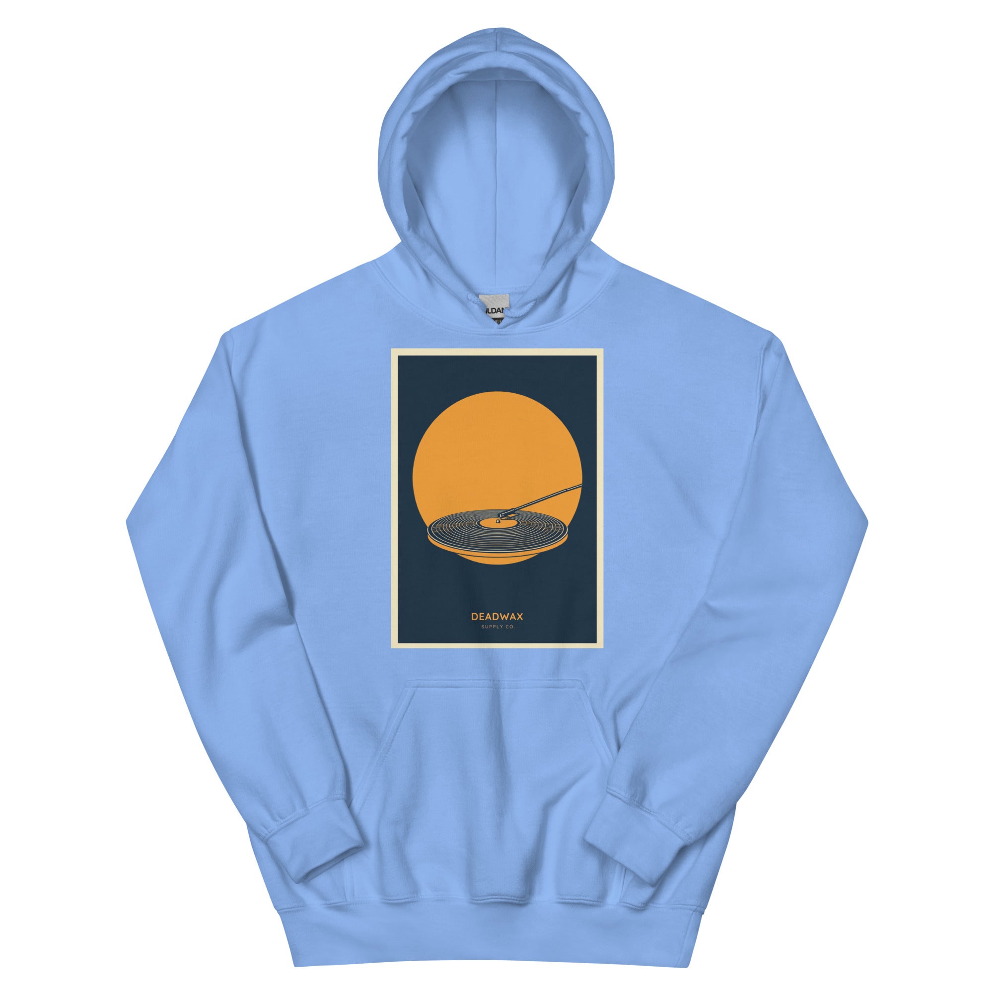 Deadwax Tonearm Hoodie in carolina blue – vinyl record collector hoodie with tonearm and record logo