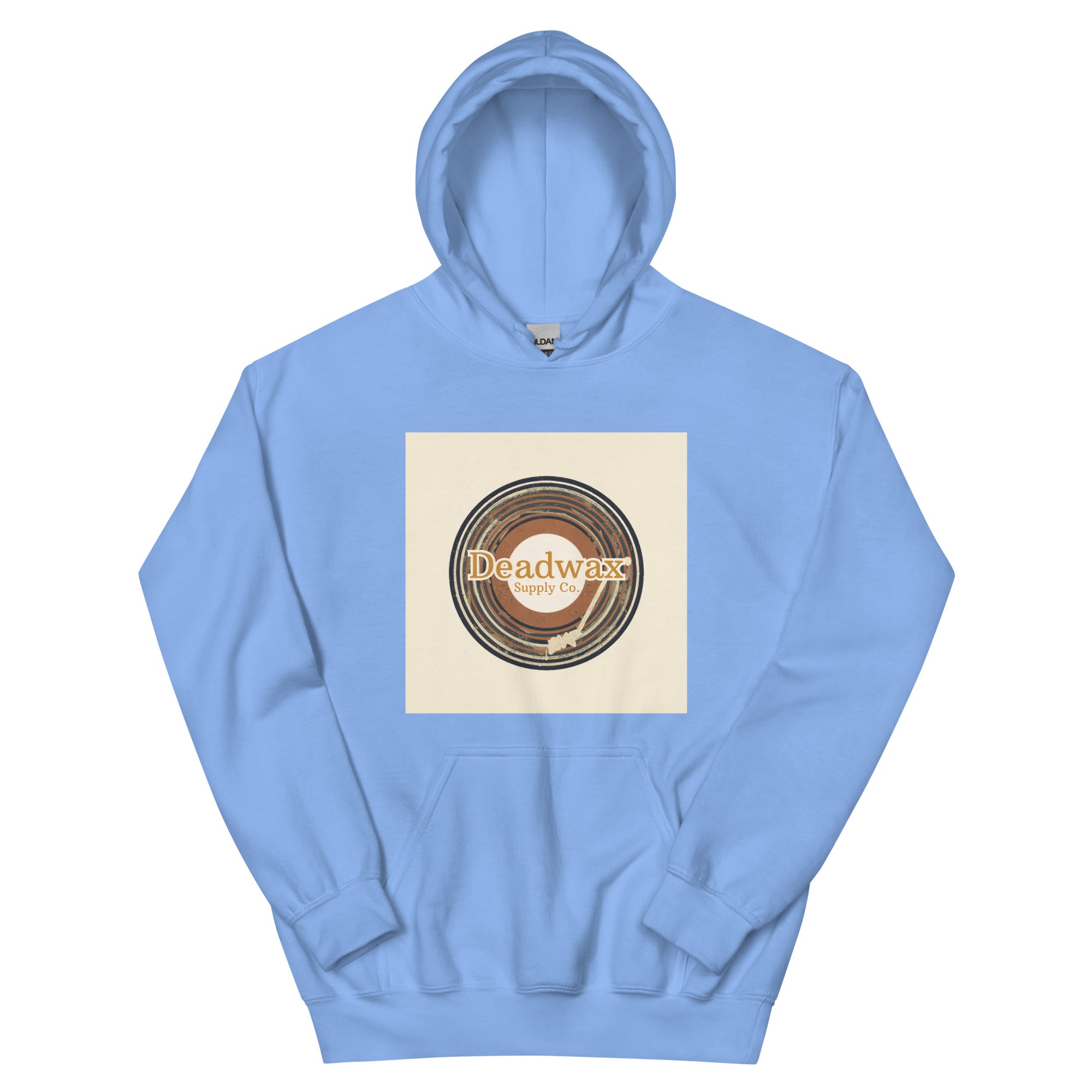 Deadwax Tonearm Hoodie in carolina blue – vinyl record collector hoodie with tonearm and record logo