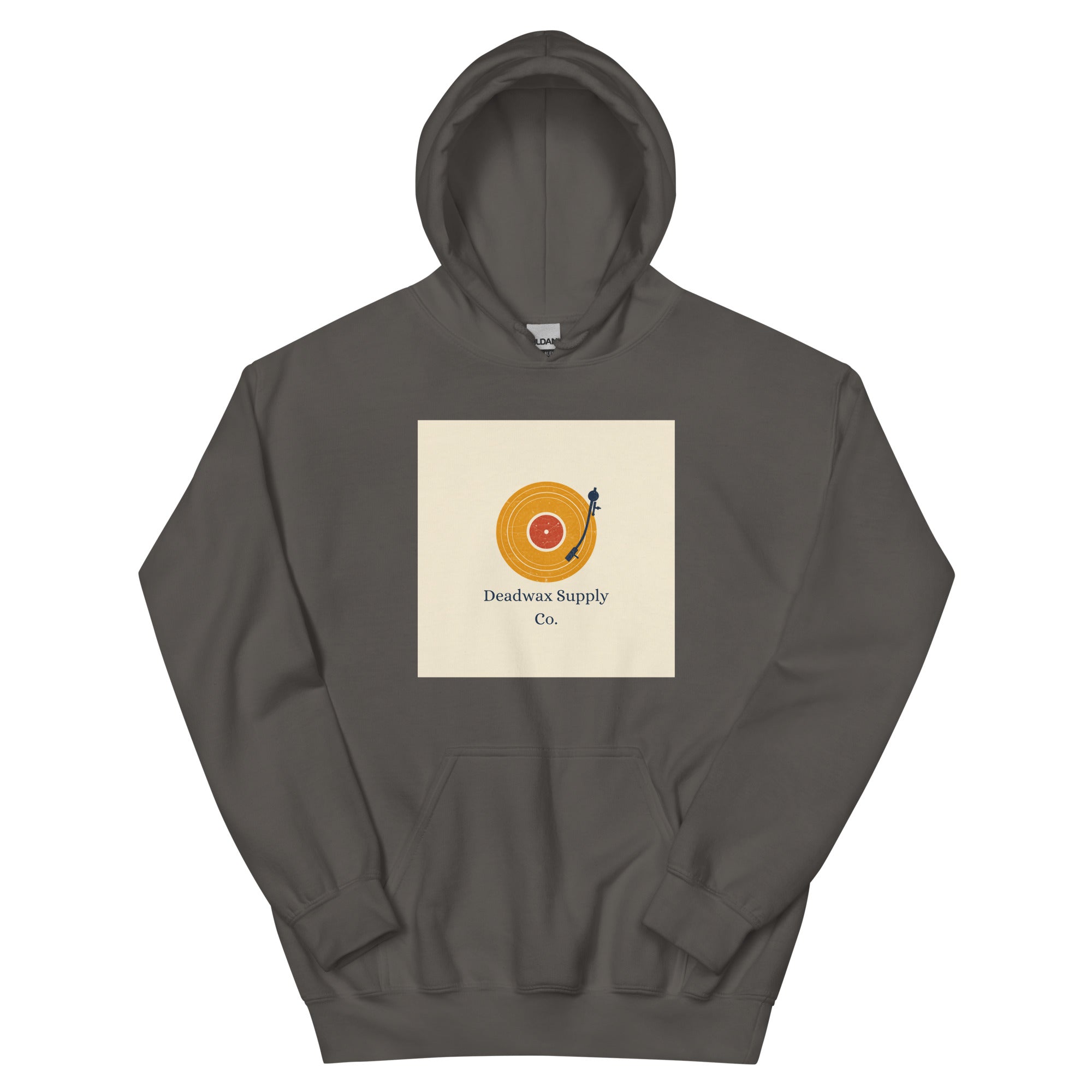 Deadwax Tonearm Hoodie in charcoal – vinyl record collector hoodie with tonearm and record logo