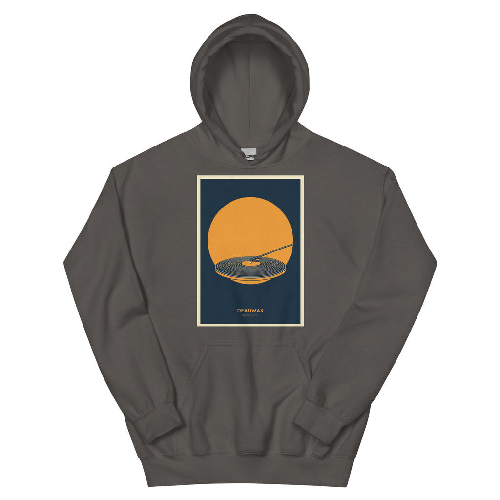 Deadwax Tonearm Hoodie in charcoal – vinyl record collector hoodie with tonearm and record logo