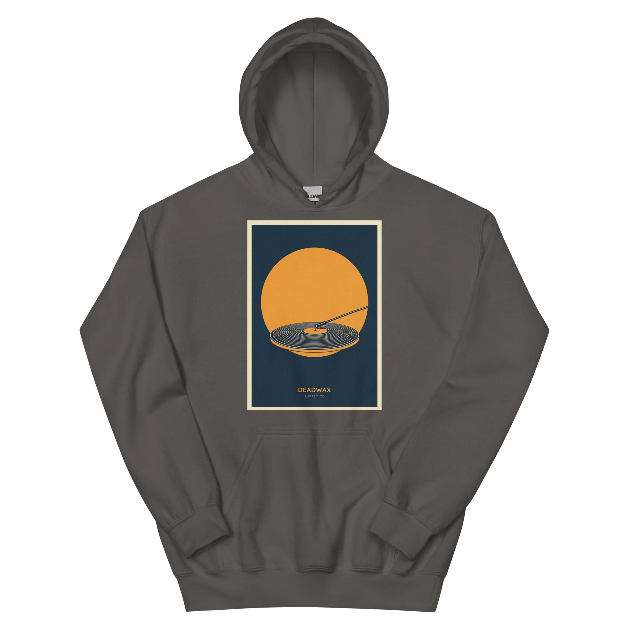 Deadwax Tonearm Hoodie in charcoal – vinyl record collector hoodie with tonearm and record logo