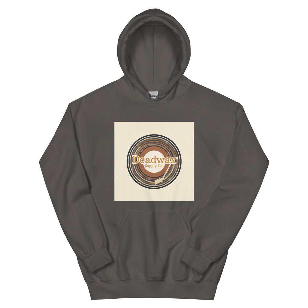 Deadwax Tonearm Hoodie in charcoal – vinyl record collector hoodie with tonearm and record logo