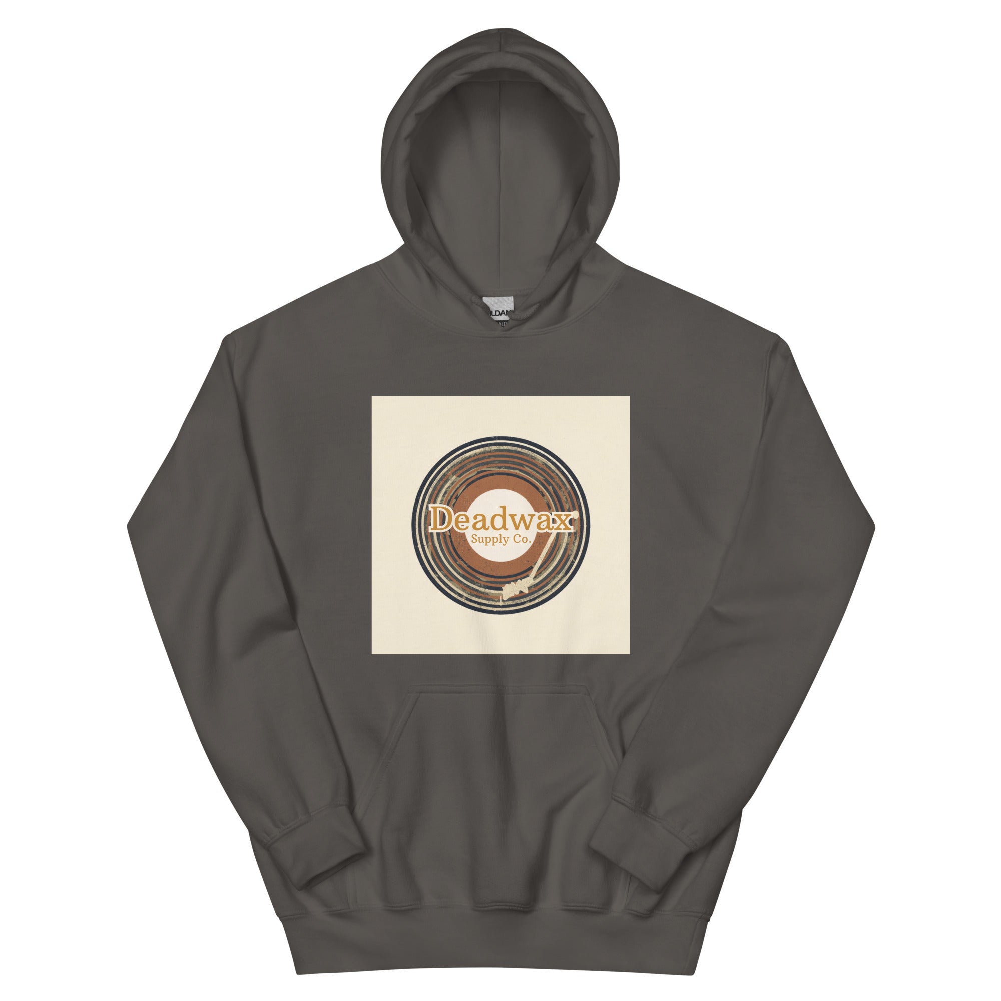 Deadwax Tonearm Hoodie in charcoal – vinyl record collector hoodie with tonearm and record logo