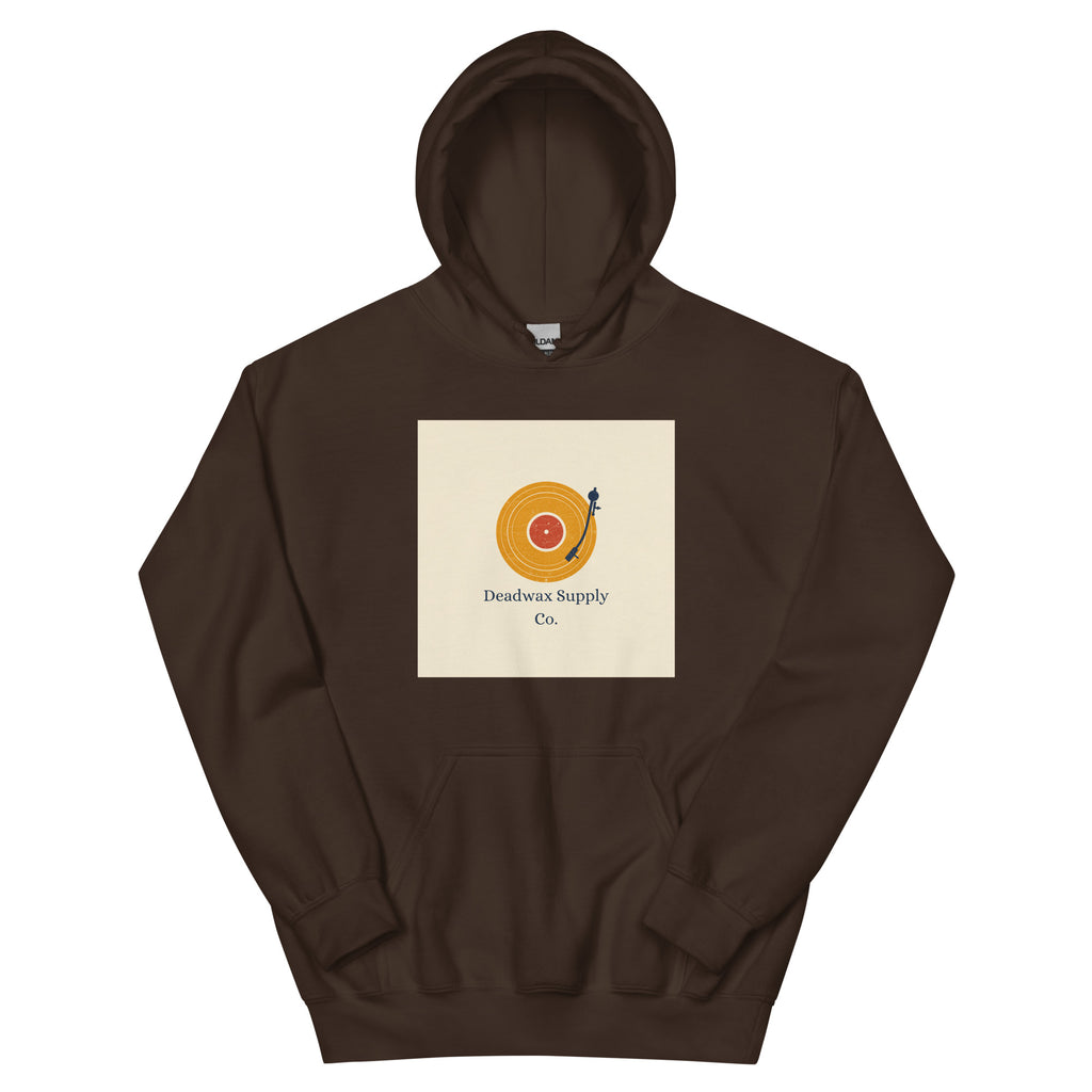 Deadwax Tonearm Hoodie in dark chocolate – vinyl record collector hoodie with tonearm and record logo