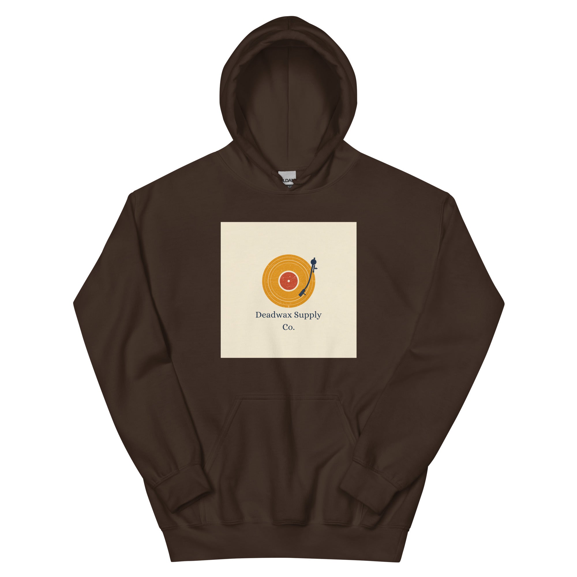 Deadwax Tonearm Hoodie in dark chocolate – vinyl record collector hoodie with tonearm and record logo