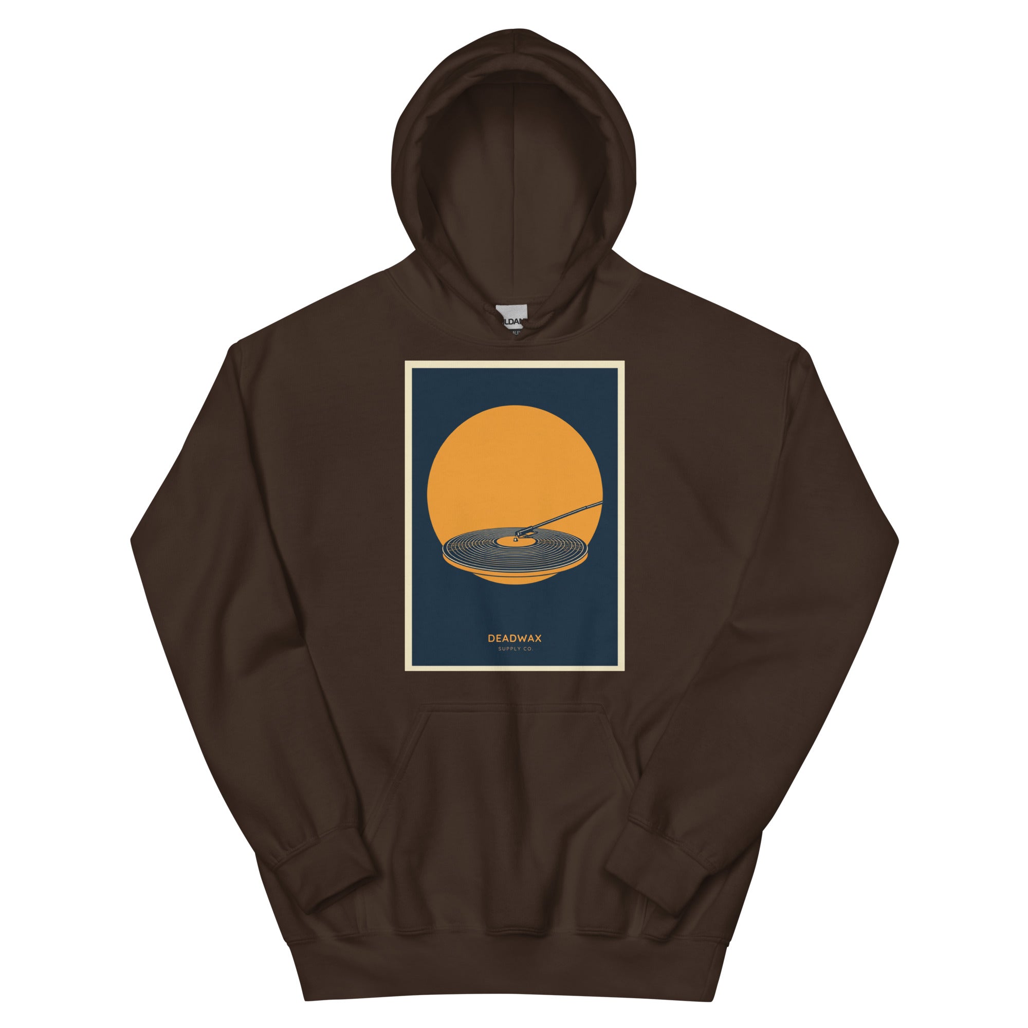 Deadwax Tonearm Hoodie in dark chocolate – vinyl record collector hoodie with tonearm and record logo