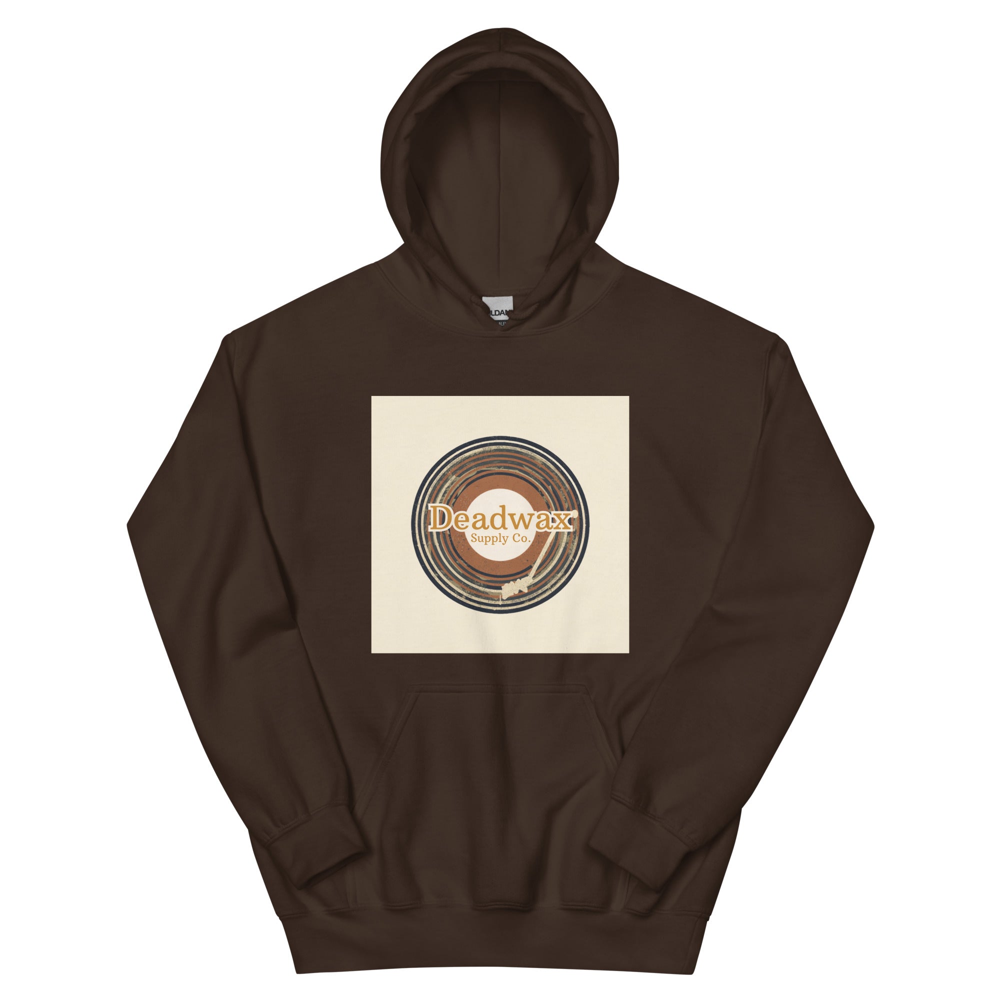 Deadwax Tonearm Hoodie in dark chocolate – vinyl record collector hoodie with tonearm and record logo