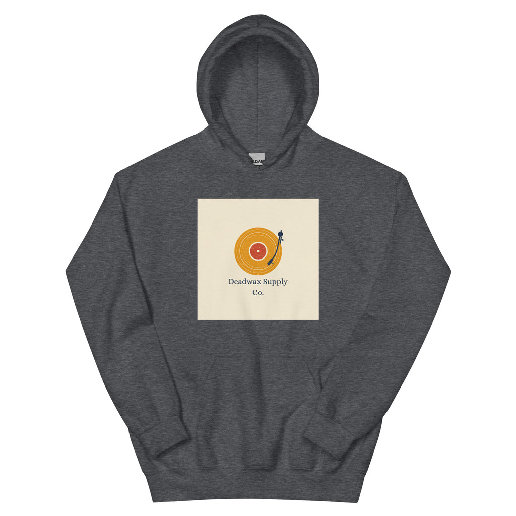 Deadwax Tonearm Hoodie in dark heather – vinyl record collector hoodie with tonearm and record logo