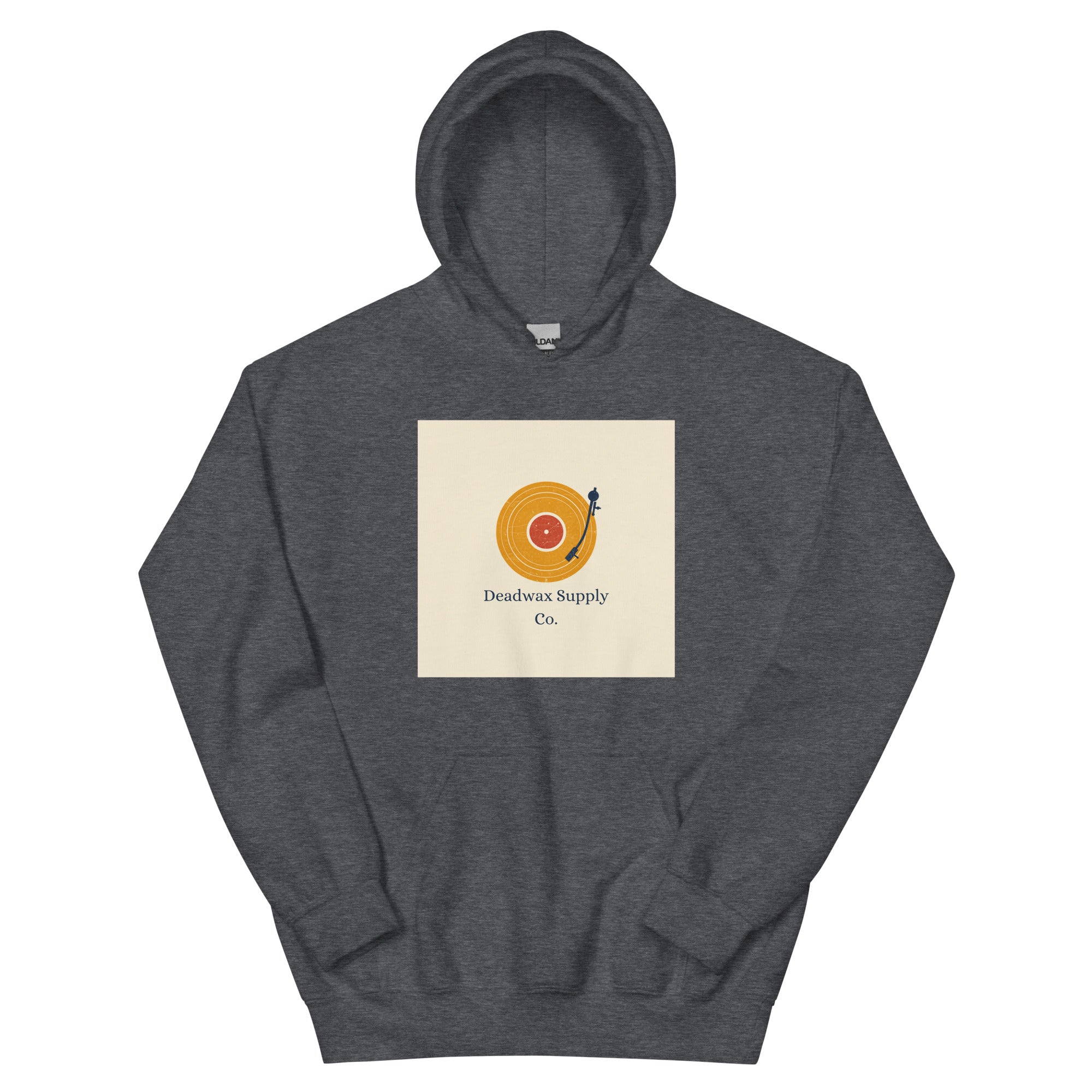 Deadwax Tonearm Hoodie in dark heather – vinyl record collector hoodie with tonearm and record logo