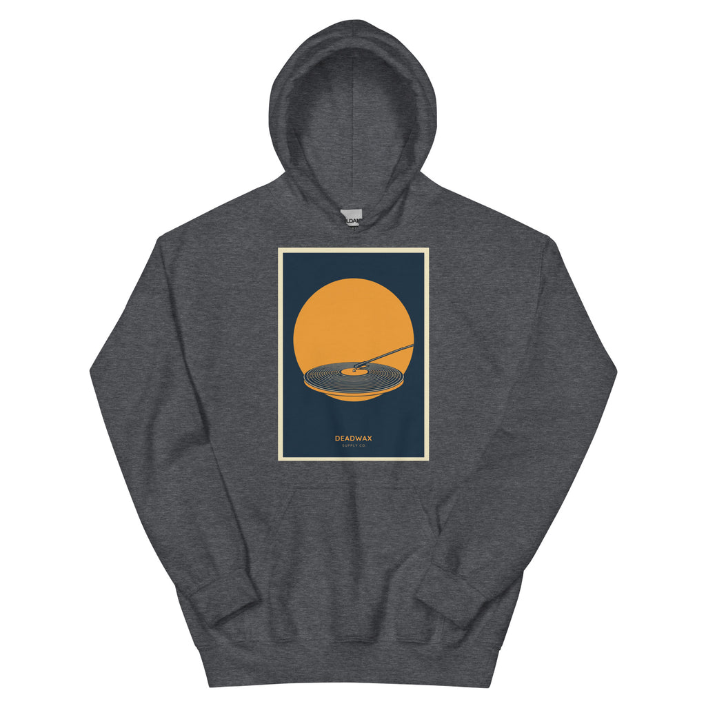Deadwax Tonearm Hoodie in dark heather – vinyl record collector hoodie with tonearm and record logo
