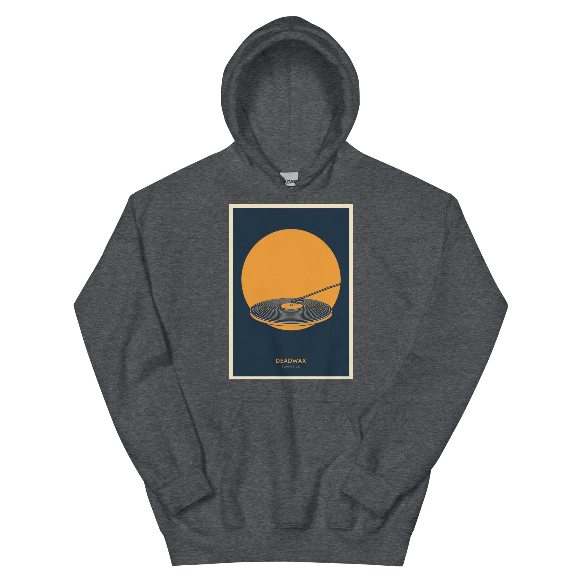 Deadwax Tonearm Hoodie in dark heather – vinyl record collector hoodie with tonearm and record logo