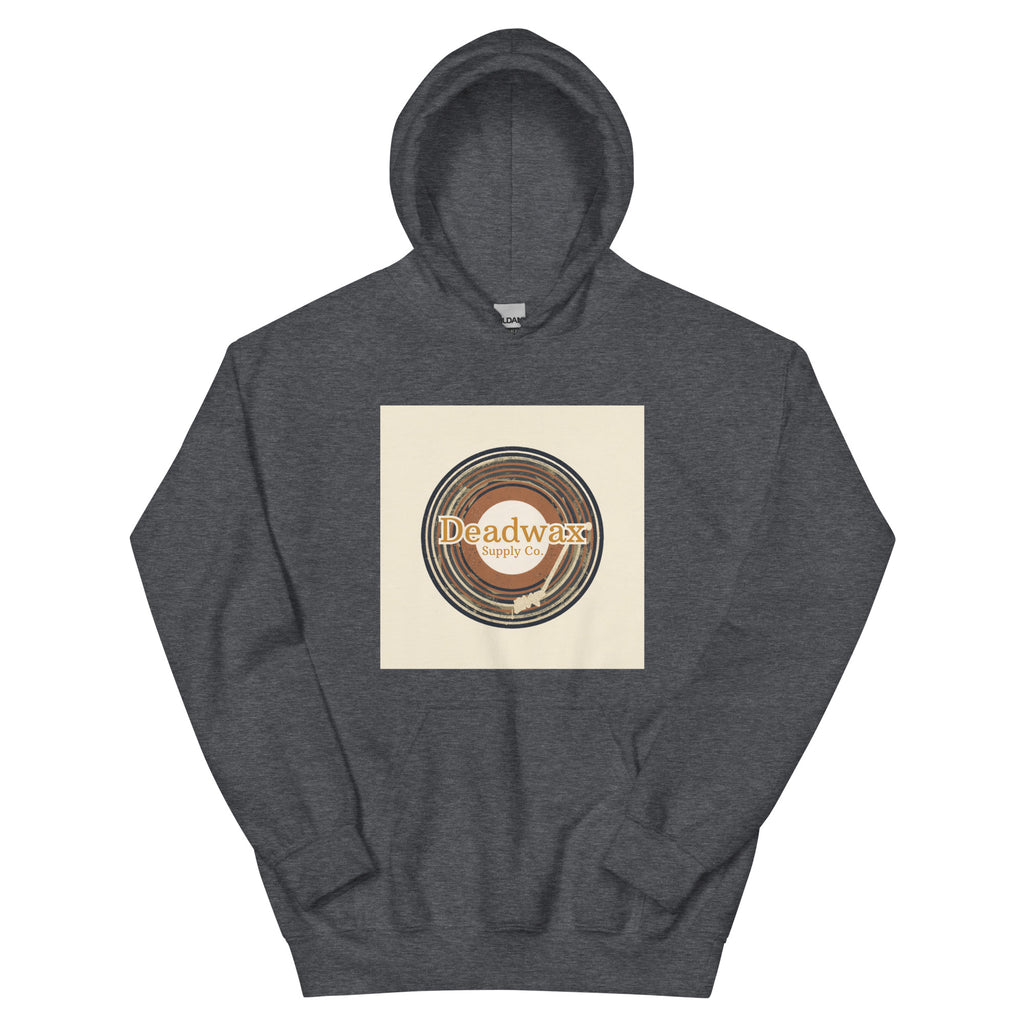 Deadwax Tonearm Hoodie in dark heather – vinyl record collector hoodie with tonearm and record logo