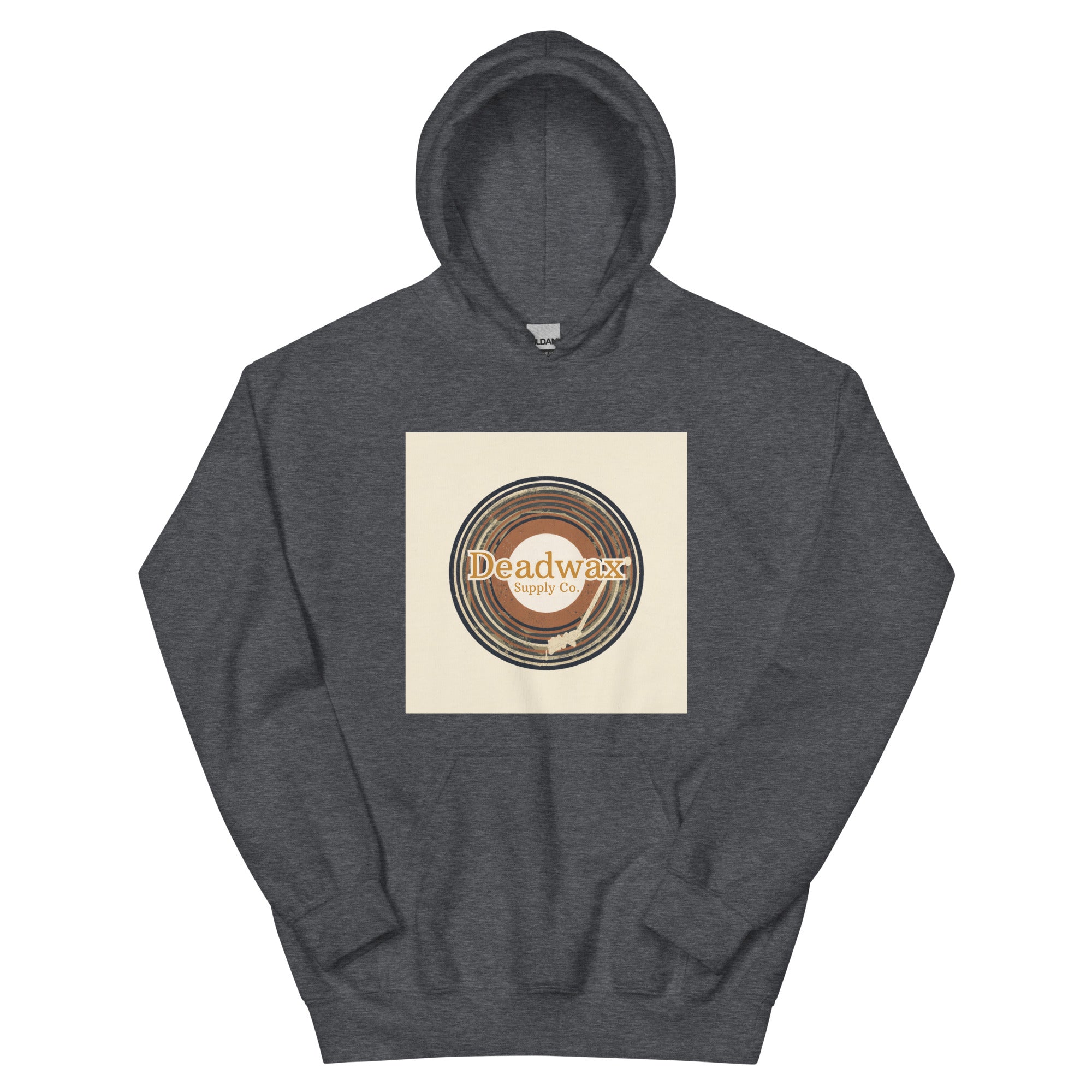 Deadwax Tonearm Hoodie in dark heather – vinyl record collector hoodie with tonearm and record logo