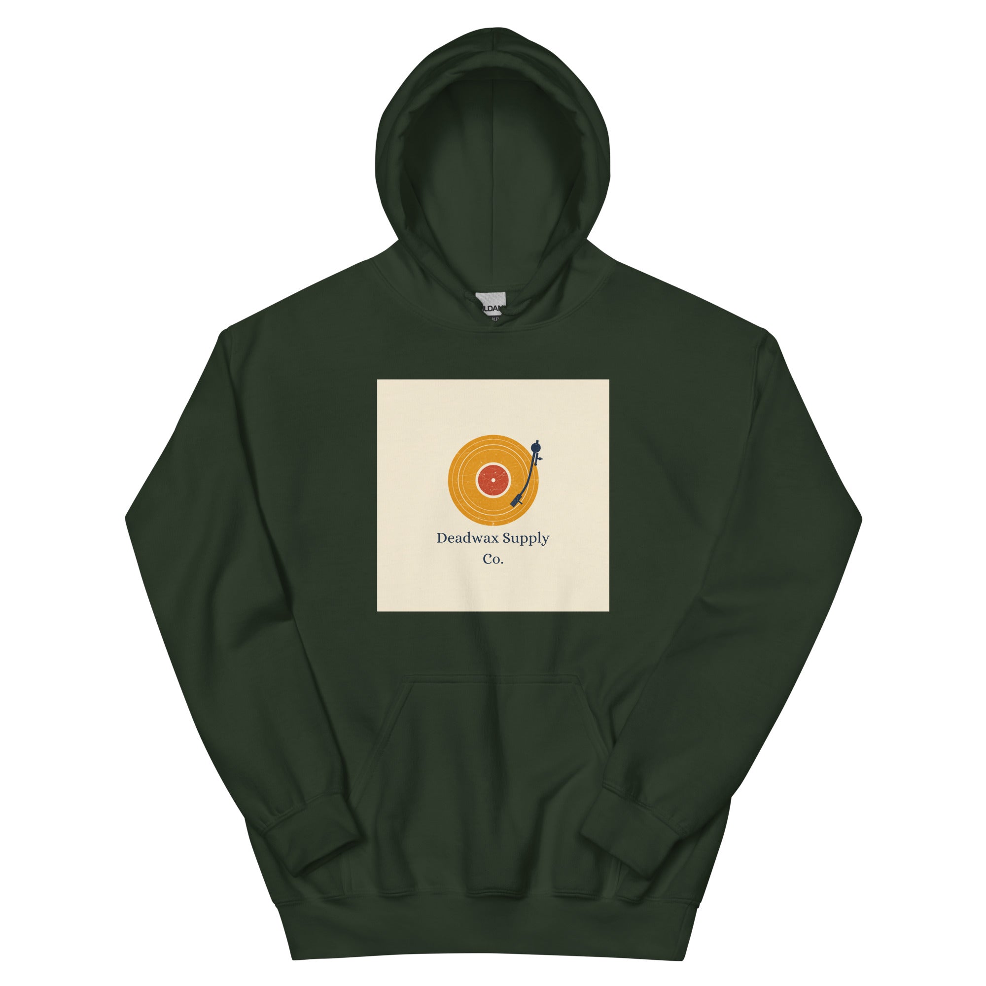 Deadwax Tonearm Hoodie in forest green – vinyl record collector hoodie with tonearm and record logo