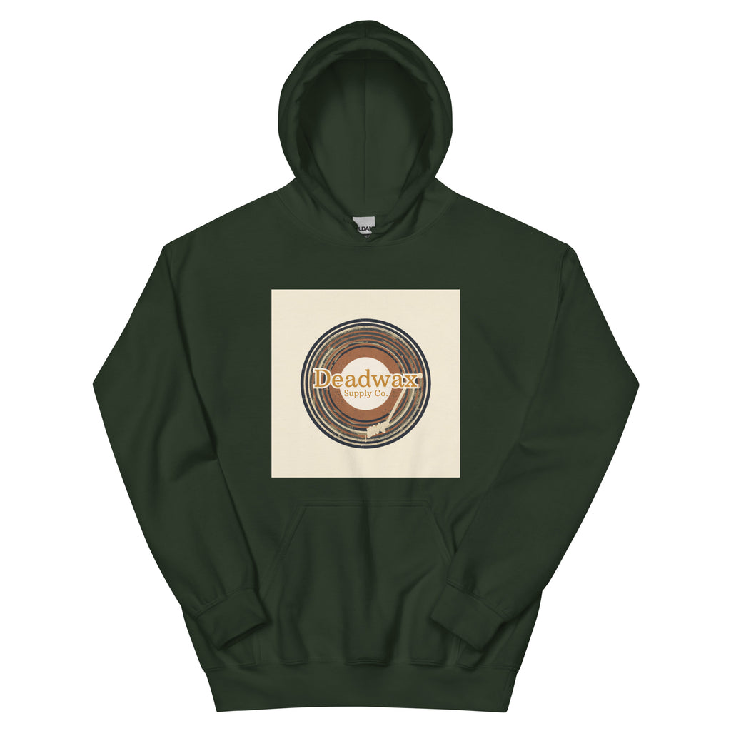 Deadwax Tonearm Hoodie in forest green – vinyl record collector hoodie with tonearm and record logo