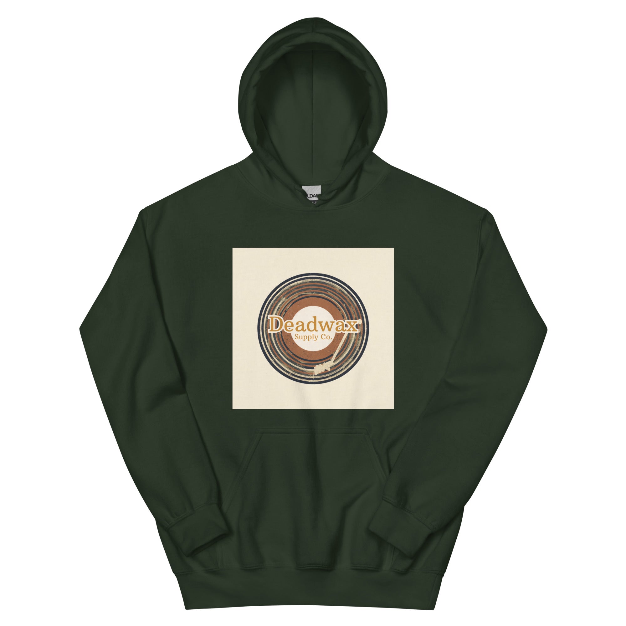 Deadwax Tonearm Hoodie in forest green – vinyl record collector hoodie with tonearm and record logo