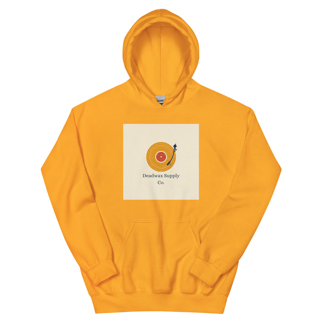 Deadwax Tonearm Hoodie in gold – vinyl record collector hoodie with tonearm and record logo