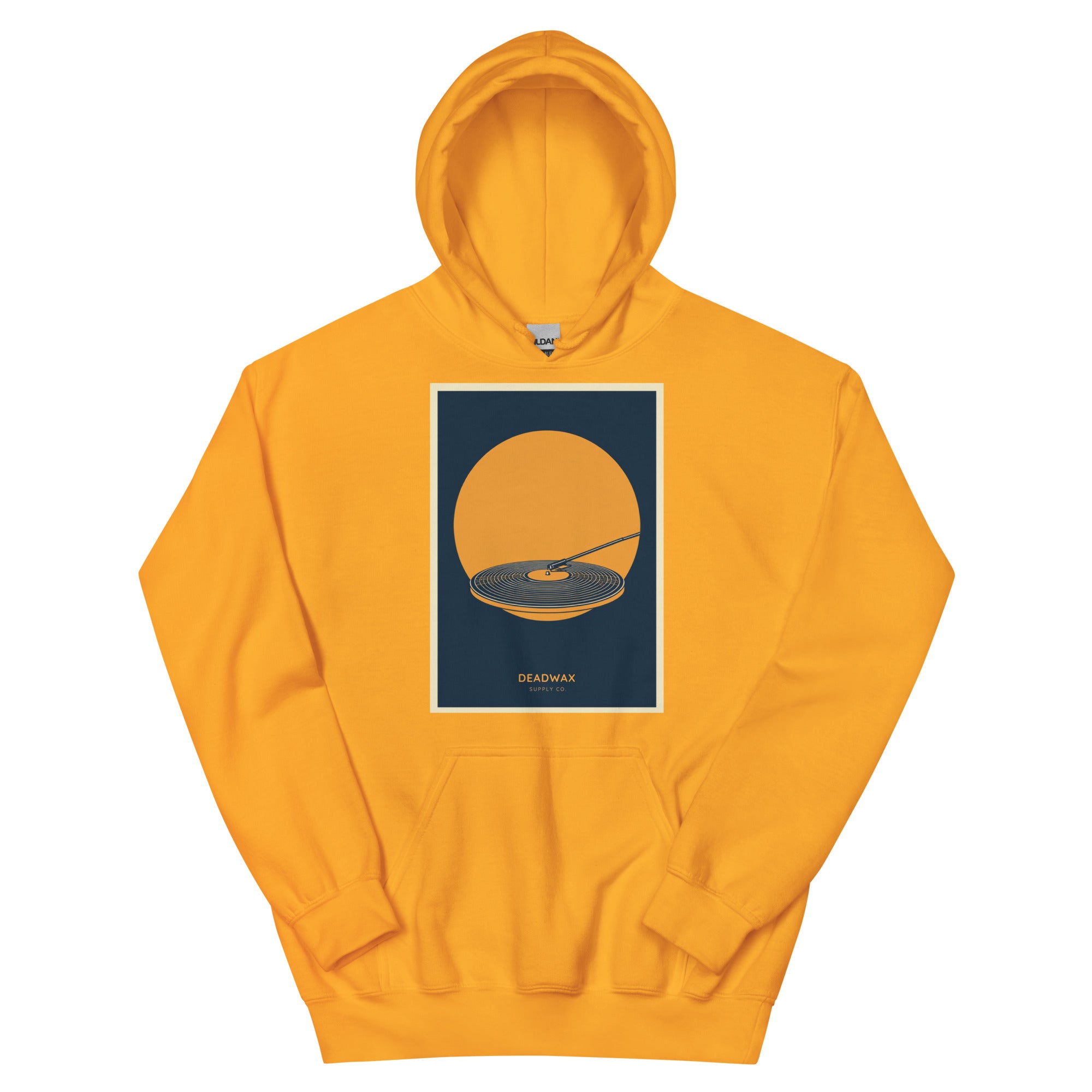 Deadwax Tonearm Hoodie in gold – vinyl record collector hoodie with tonearm and record logo