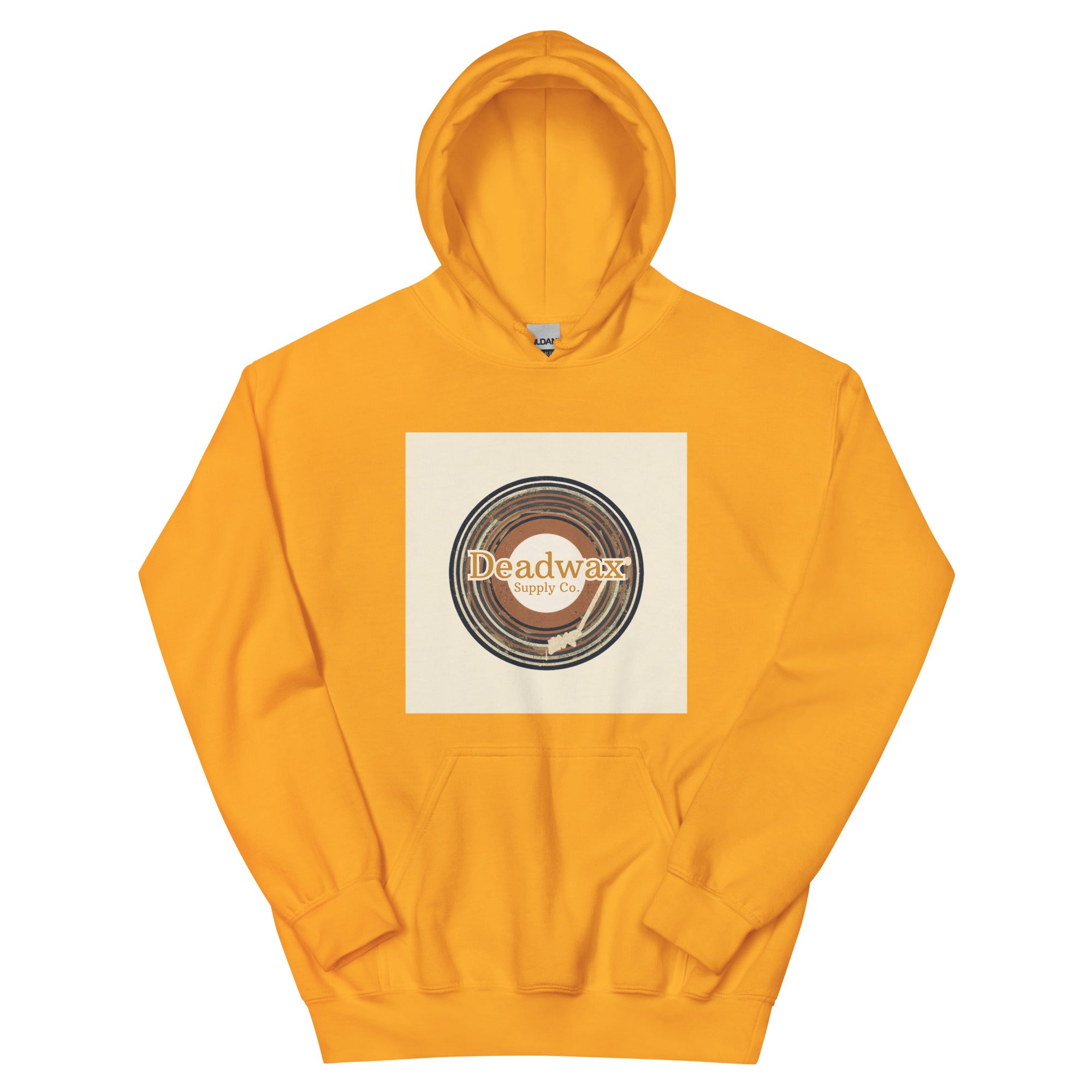 Deadwax Tonearm Hoodie in gold – vinyl record collector hoodie with tonearm and record logo