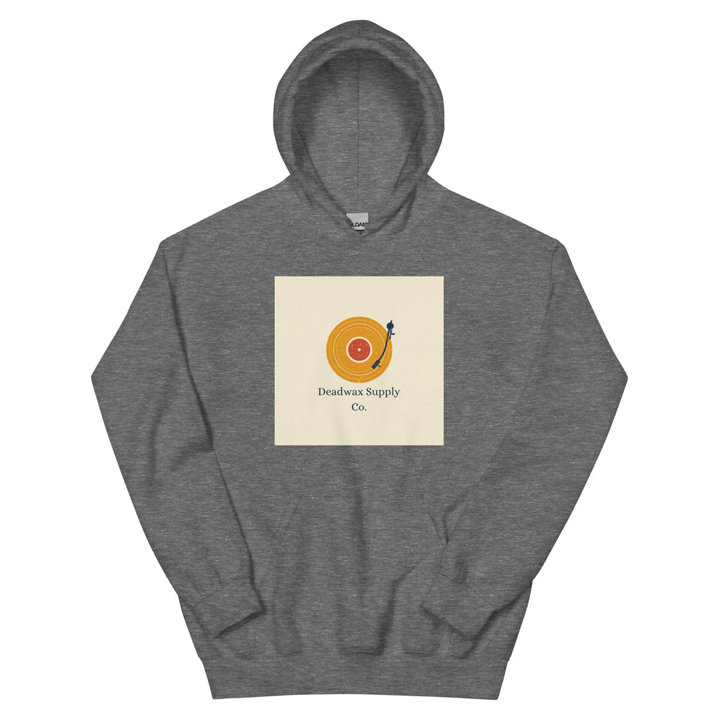 Deadwax Tonearm Hoodie in graphite heather – vinyl record collector hoodie with tonearm and record logo