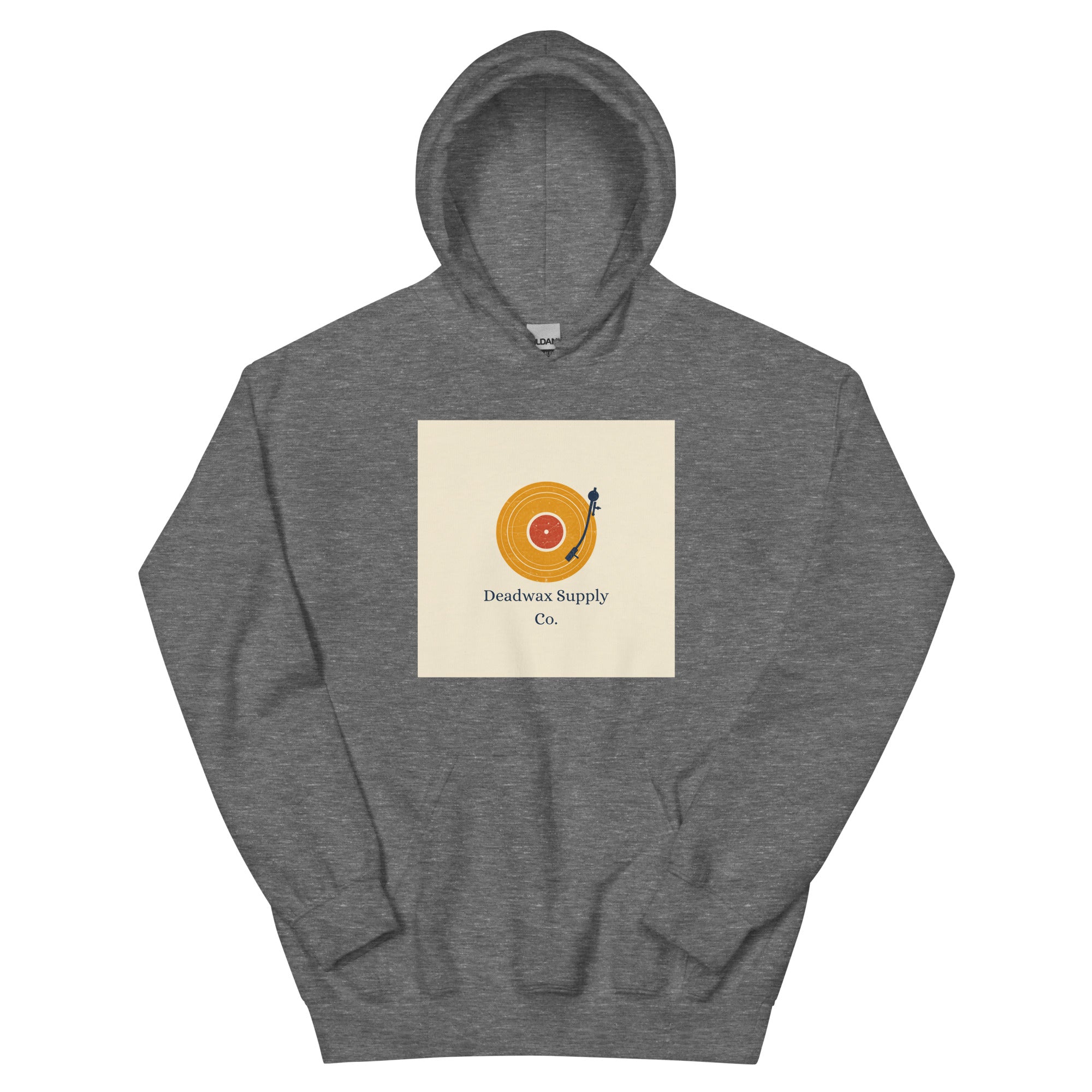 Deadwax Tonearm Hoodie in graphite heather – vinyl record collector hoodie with tonearm and record logo