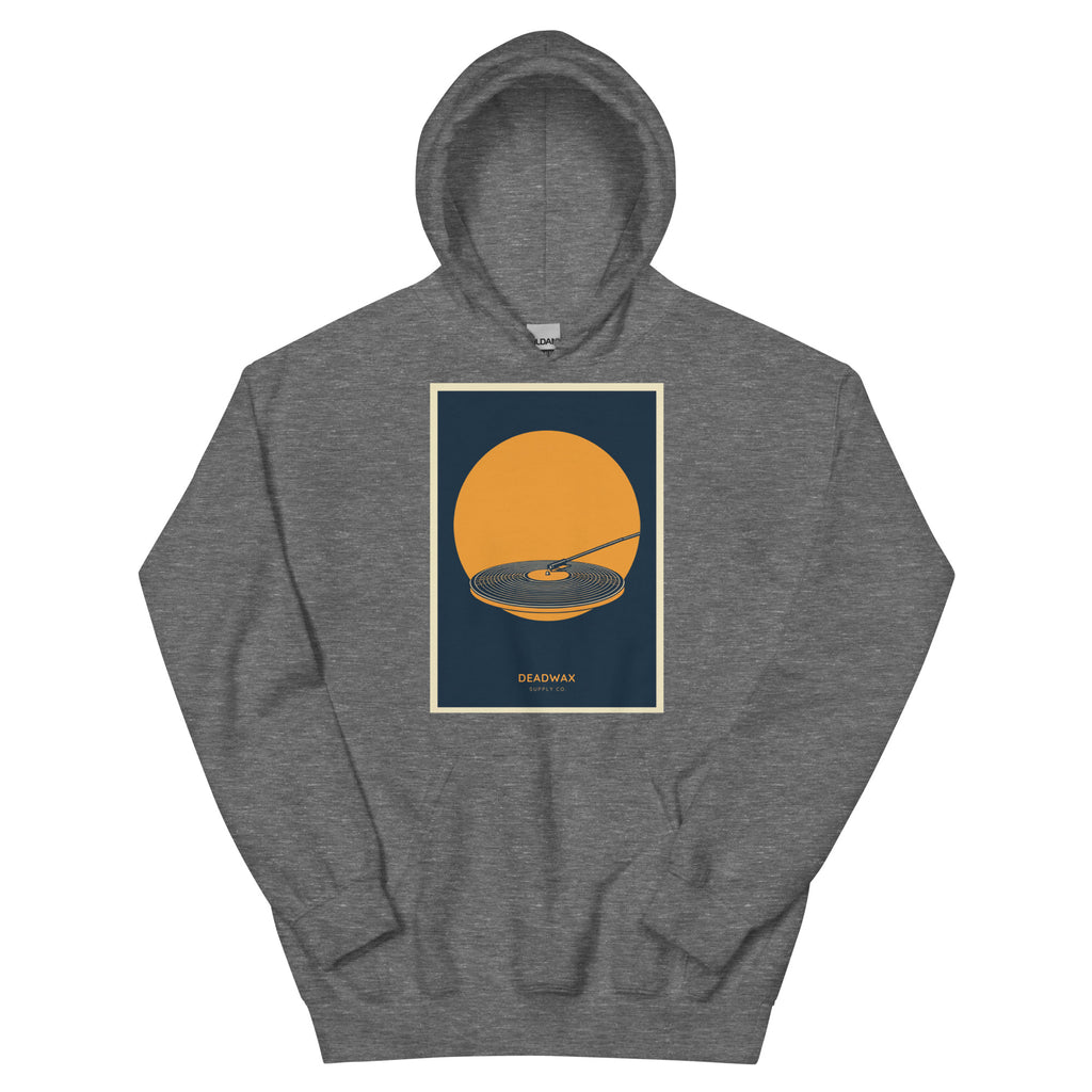 Deadwax Tonearm Hoodie in graphite heather – vinyl record collector hoodie with tonearm and record logo