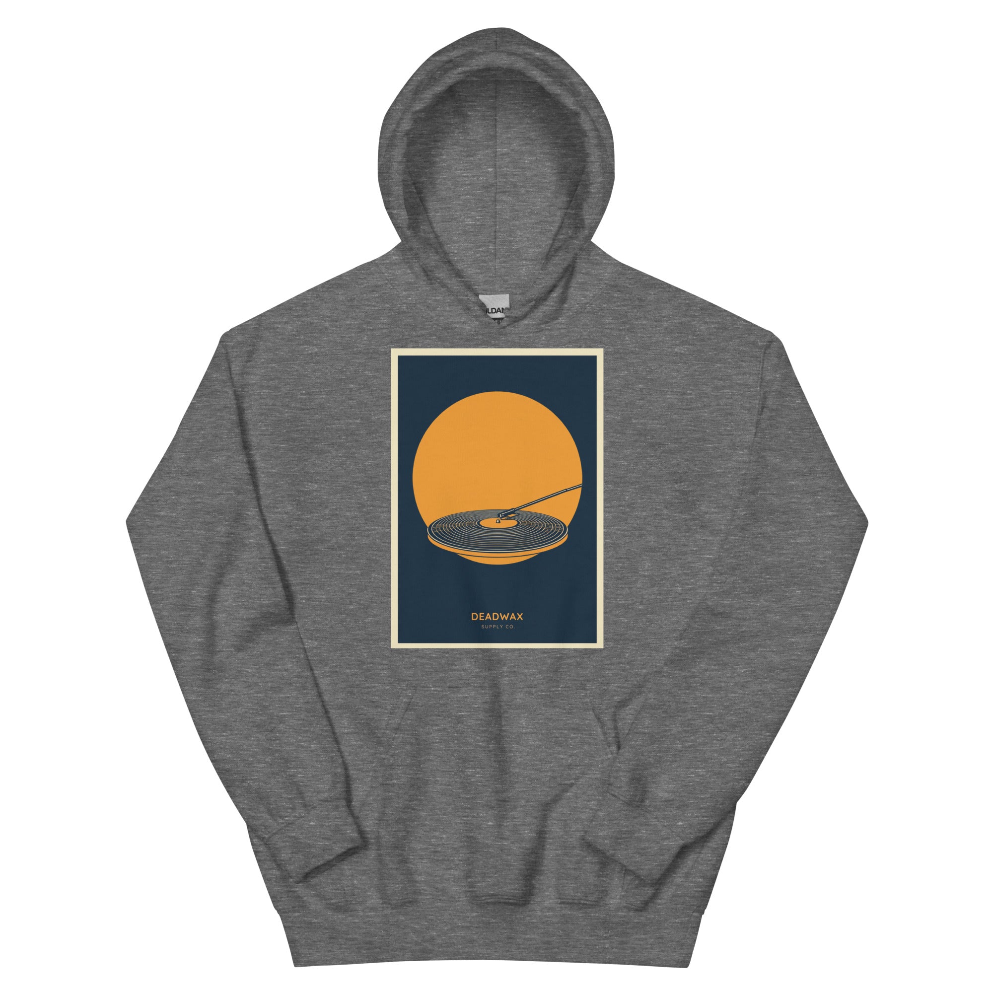 Deadwax Tonearm Hoodie in graphite heather – vinyl record collector hoodie with tonearm and record logo