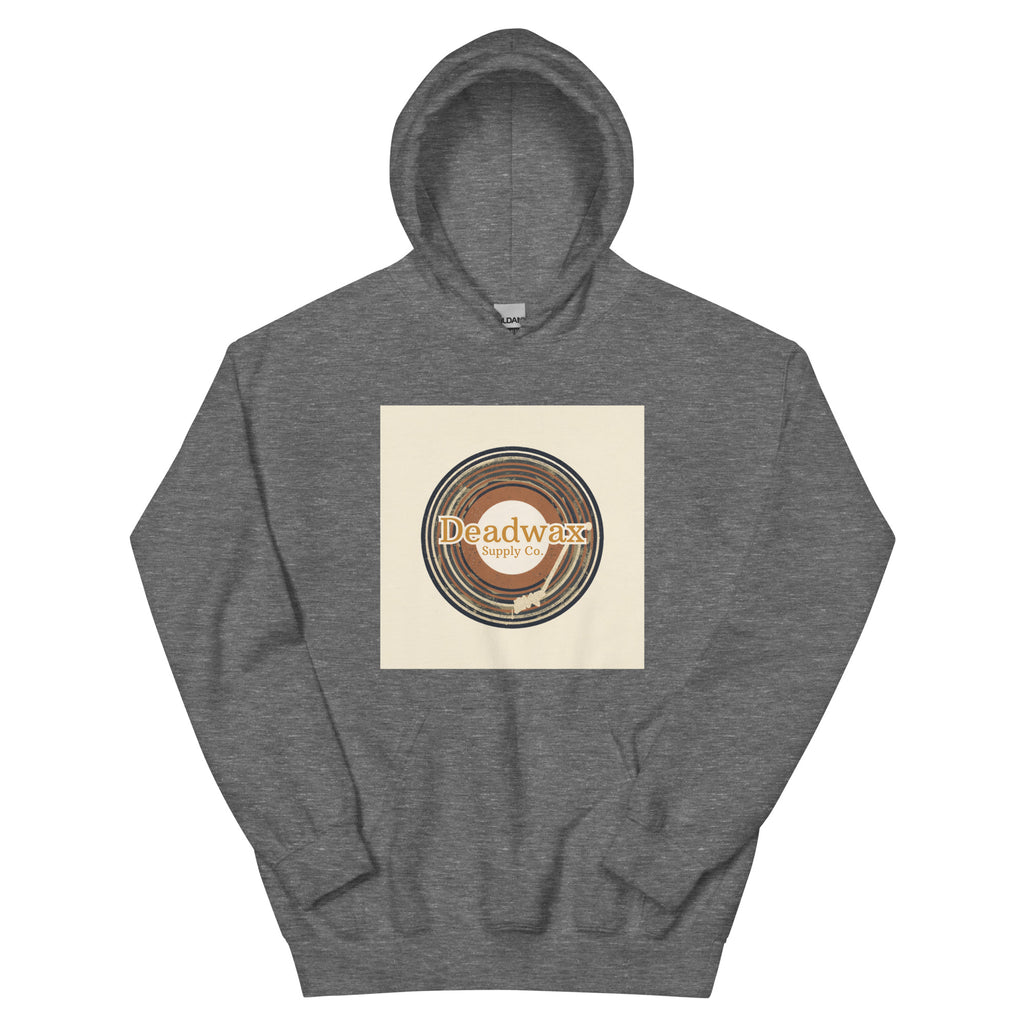 Deadwax Tonearm Hoodie in graphite heather – vinyl record collector hoodie with tonearm and record logo