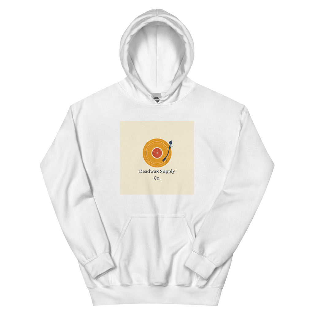 Deadwax Tonearm Hoodie in heather navy – vinyl record collector hoodie with tonearm and record logo