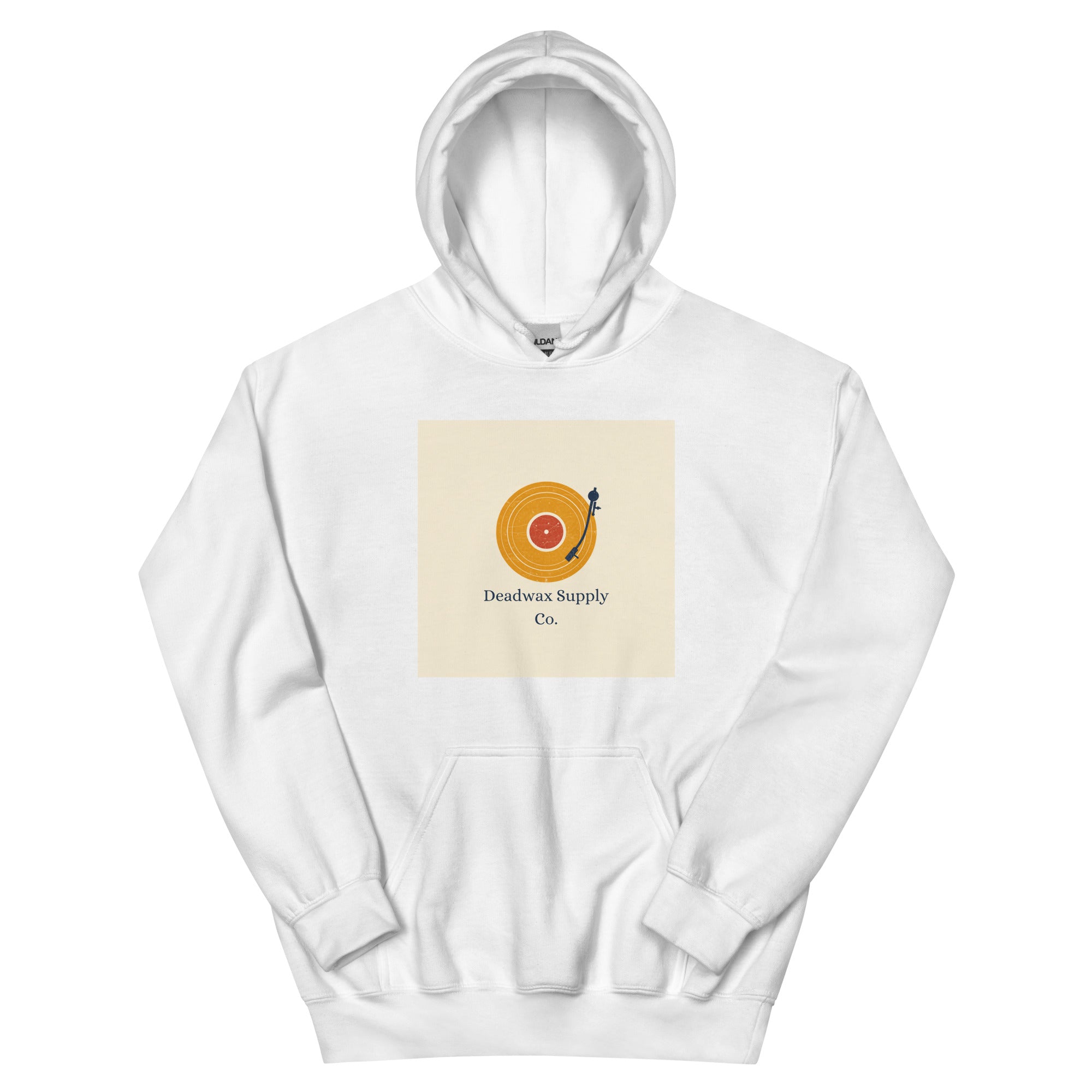 Deadwax Tonearm Hoodie in heather navy – vinyl record collector hoodie with tonearm and record logo